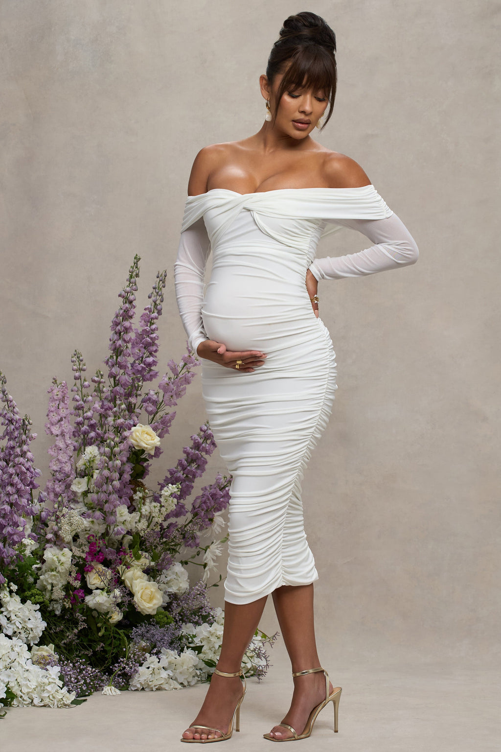 Neva | White Bardot Twist Maternity Midi Dress