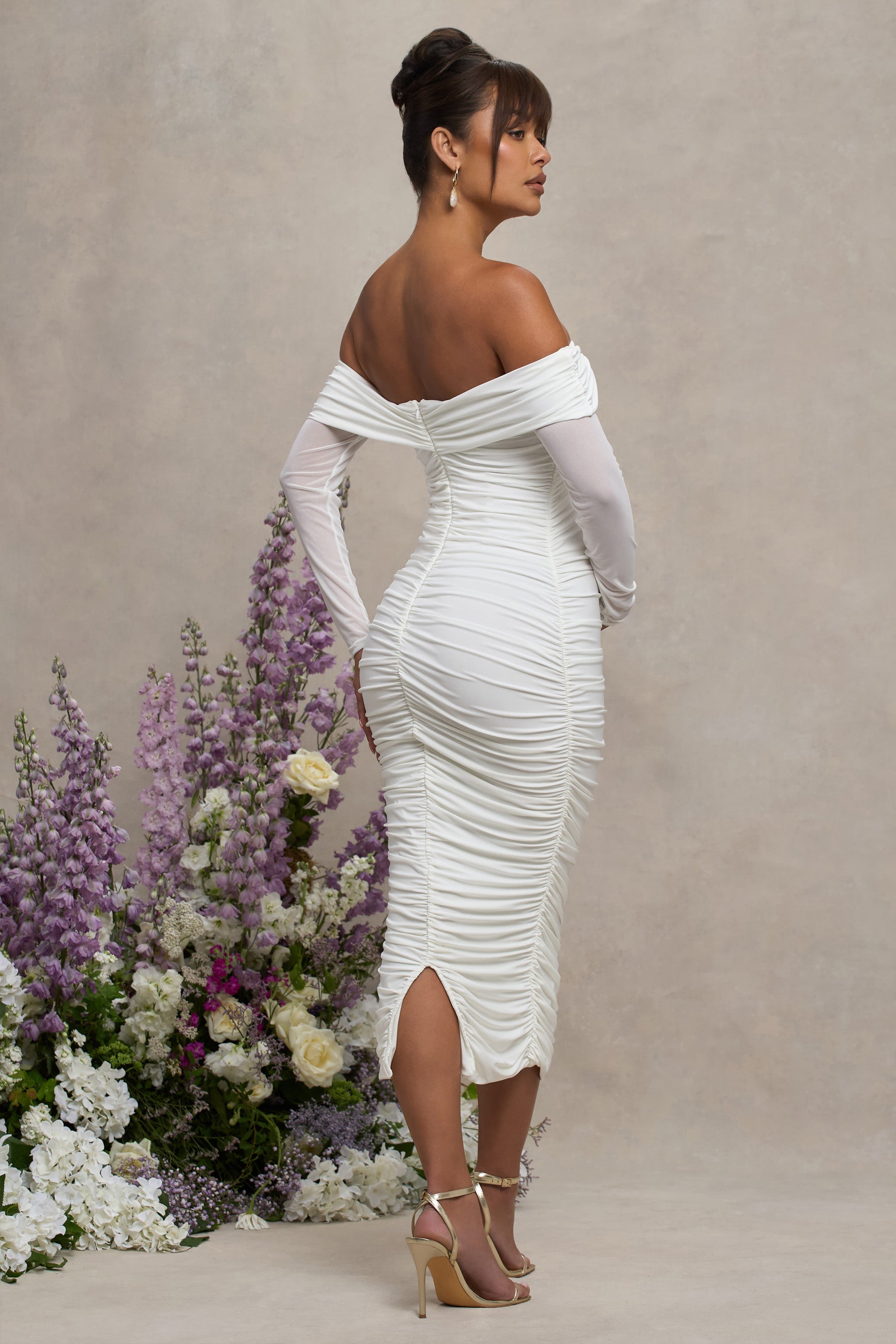 Neva | White Bardot Twist Maternity Midi Dress