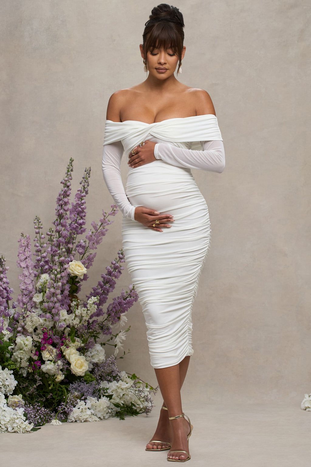 Neva | White Bardot Twist Maternity Midi Dress