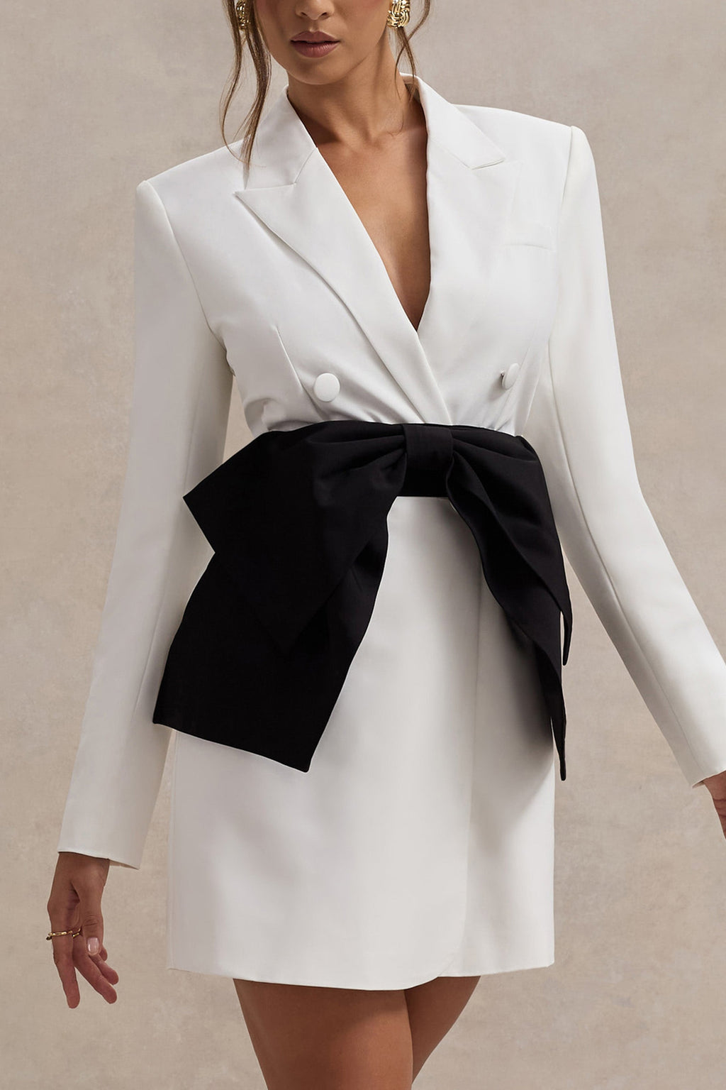 Prized | White Tailored Blazer Dress With Black Bow