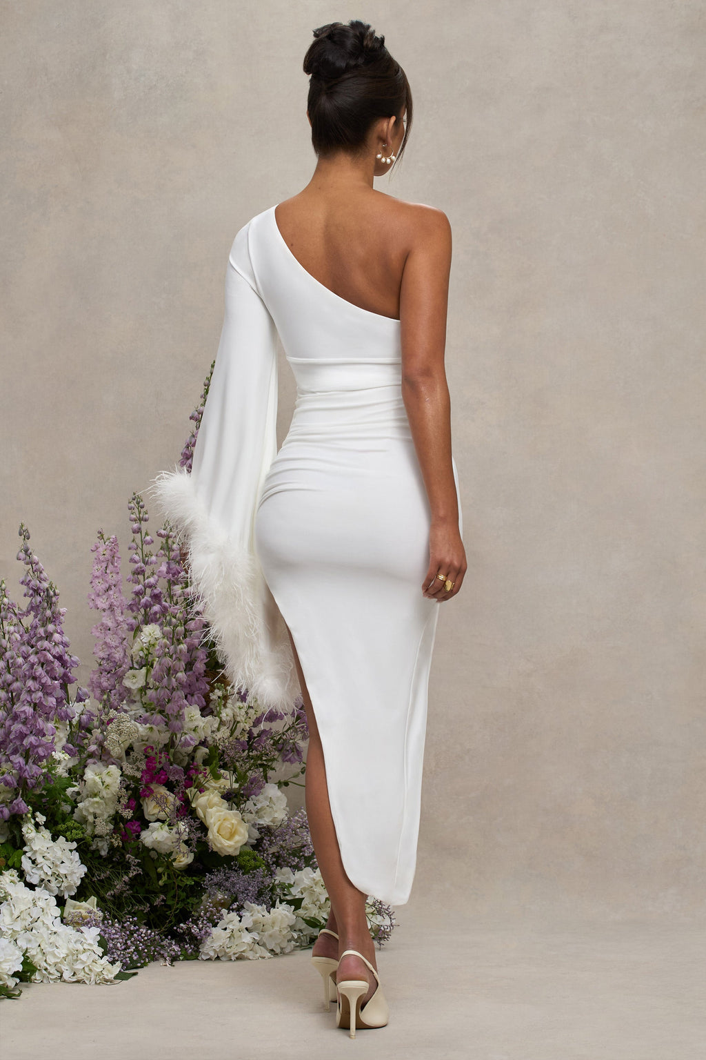 With A Flourish | White Asymmetric One-Sleeved Maternity Maxi Dress With Feathers
