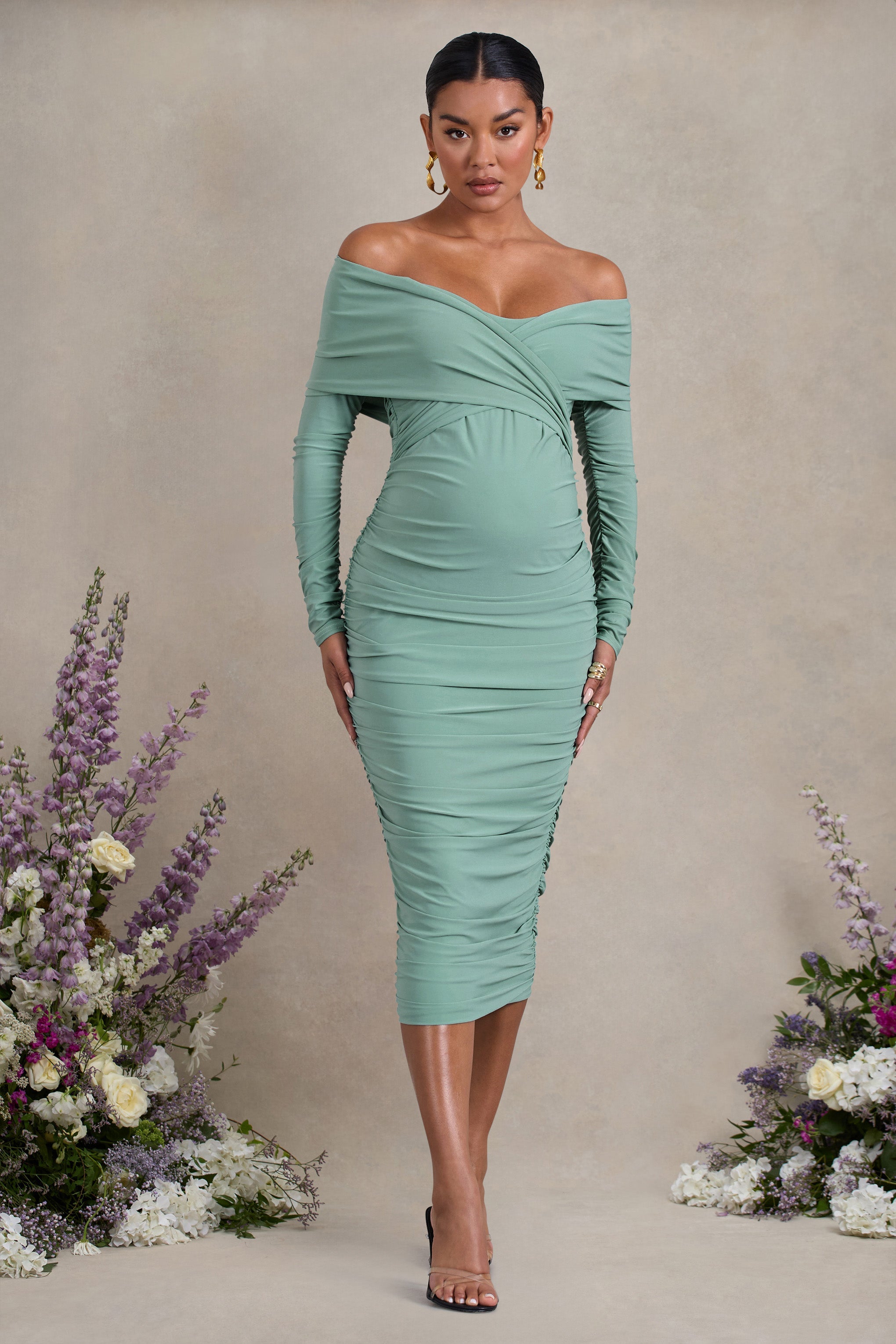 Davina | Sage Ruched Twist Bardot Long-Sleeve Maternity Midi Dress