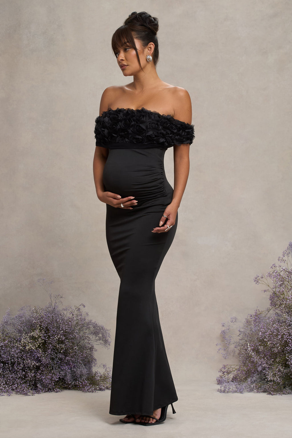 Inflorescence | Black Mesh Floral Bardot Maternity Maxi Dress