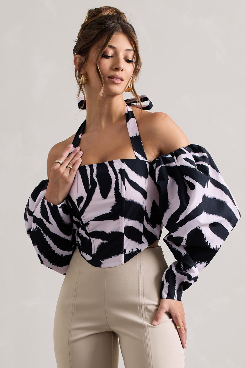 Theatric | Zebra Print Halter-Neck Corset Top With Puff-Sleeves