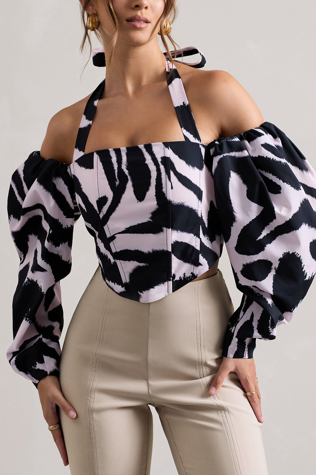Theatric | Zebra Print Halter-Neck Corset Top With Puff-Sleeves