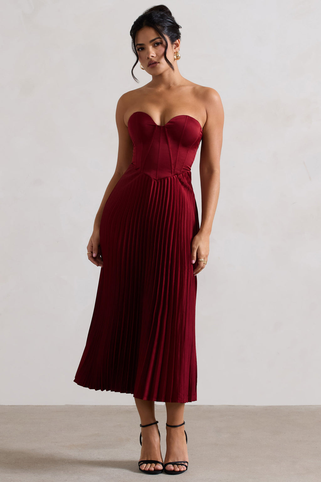 Bordeaux | Berry Satin Corset Style Midi Dress