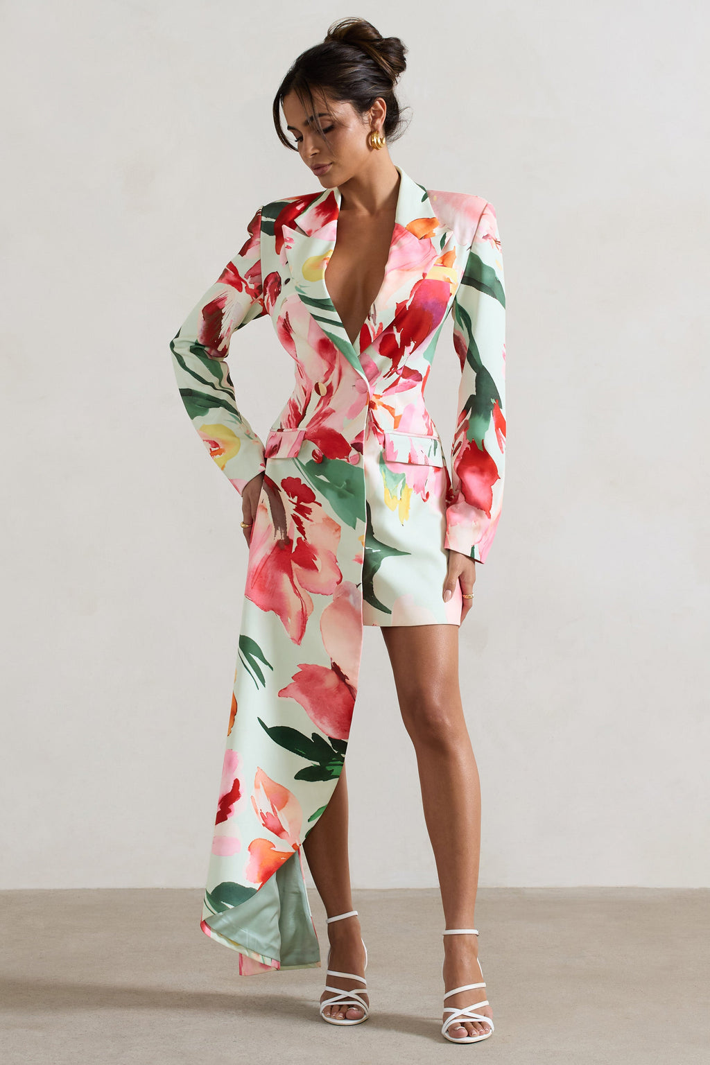 Spiral | Mint Floral Tailored Blazer Mini Dress With Asymmetric Hem