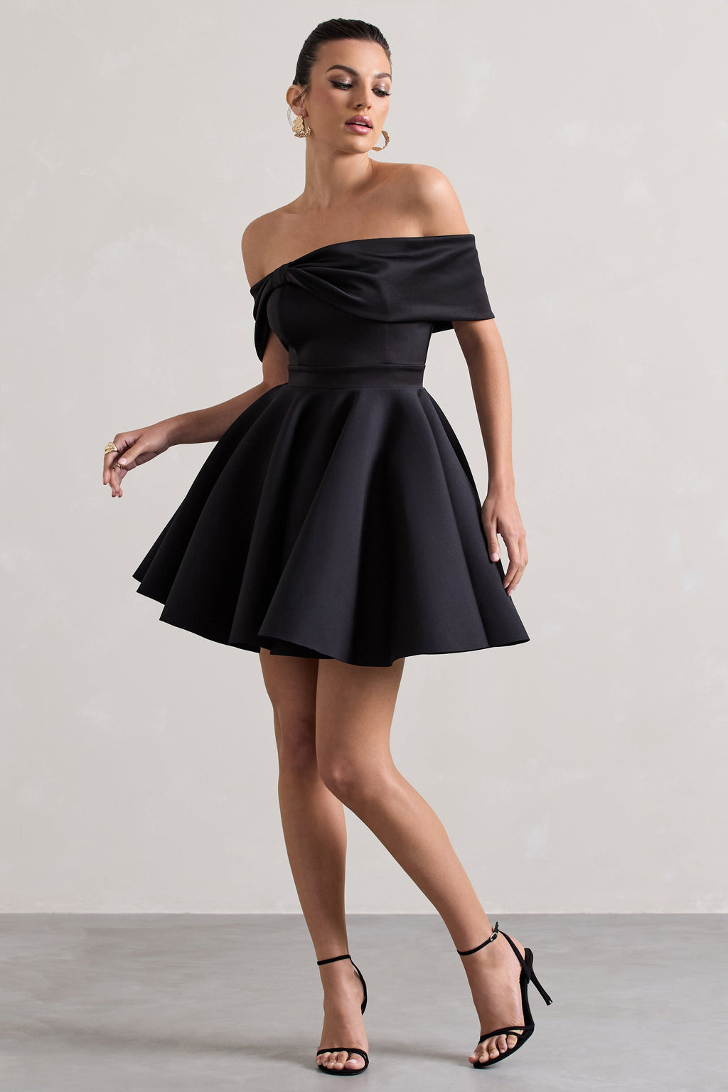 Snowfall | Black Bardot Bow Skater Mini Dress