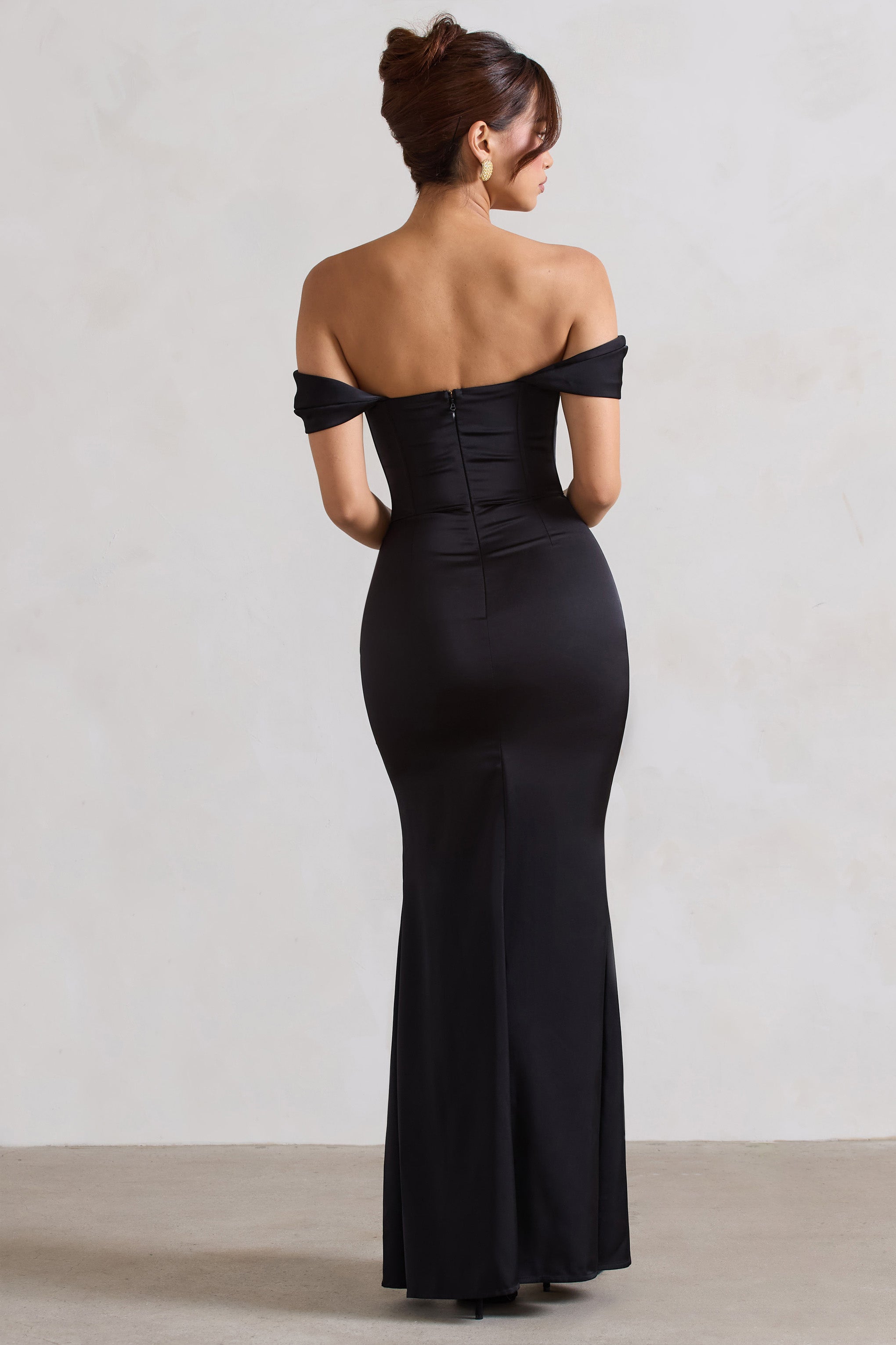 Kimberly | Black Bardot Satin Maxi Dress