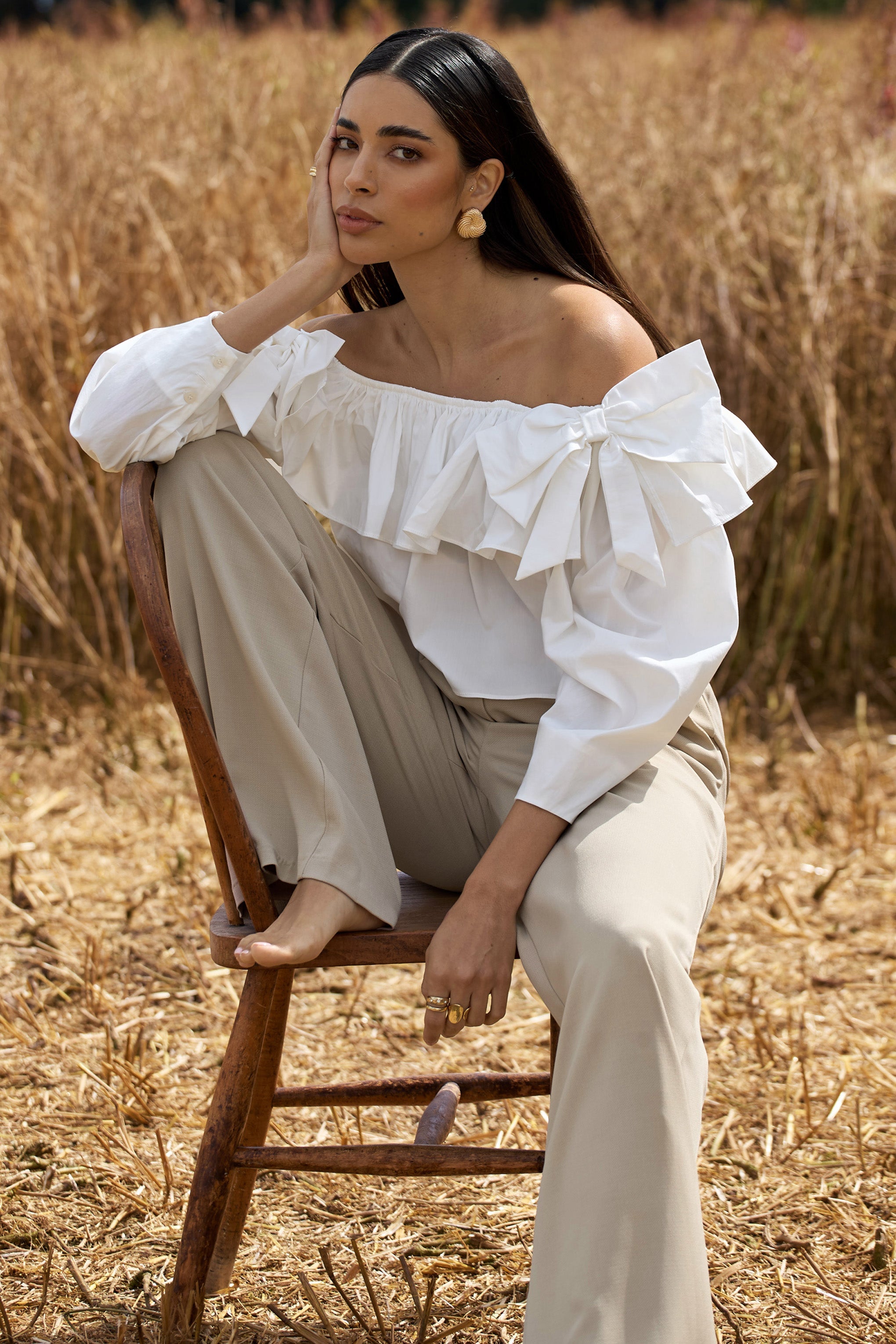 Cove | White Bardot Puff-Sleeve Ruffle Top With Bows