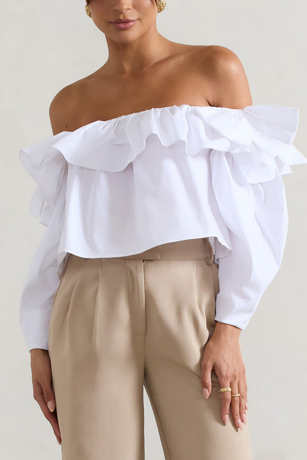 Cove | White Bardot Puff-Sleeve Ruffle Top With Bows