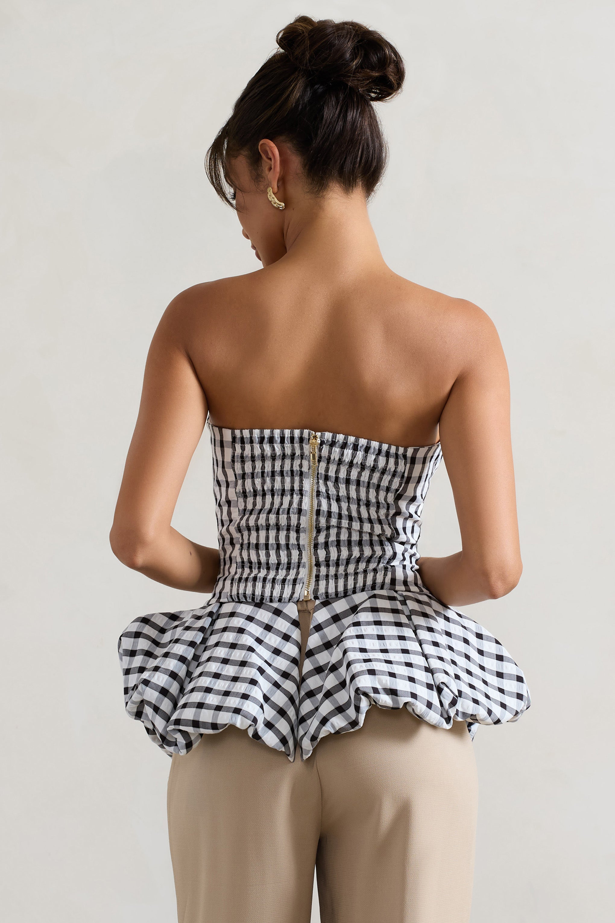 Roll With It | Black & White Gingham Bandeau Ruffle Top