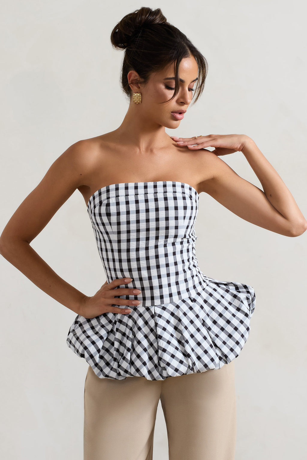 Roll With It | Black & White Gingham Bandeau Ruffle Top