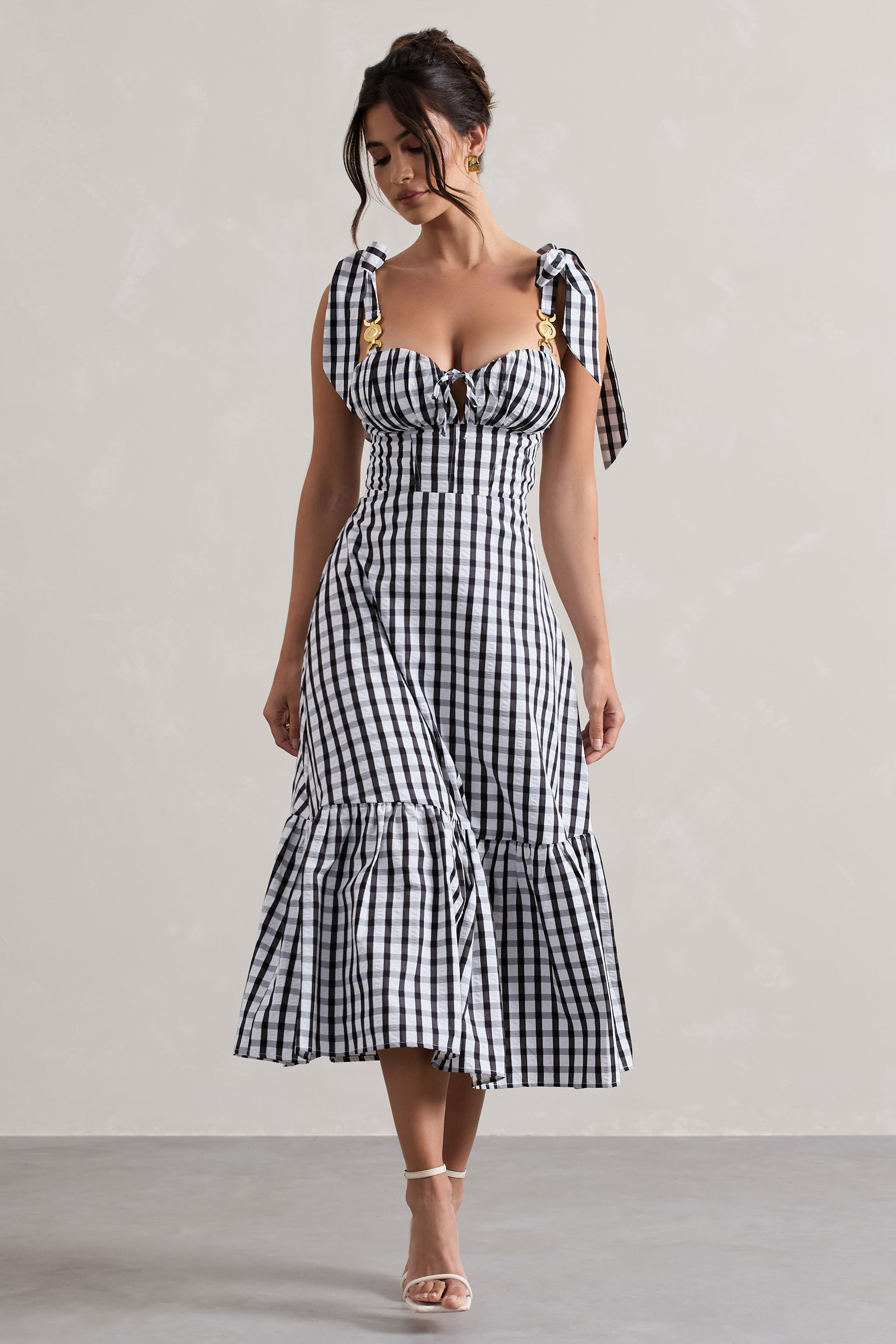 Brighton | Black & White Gingham Sweetheart Midi Dress