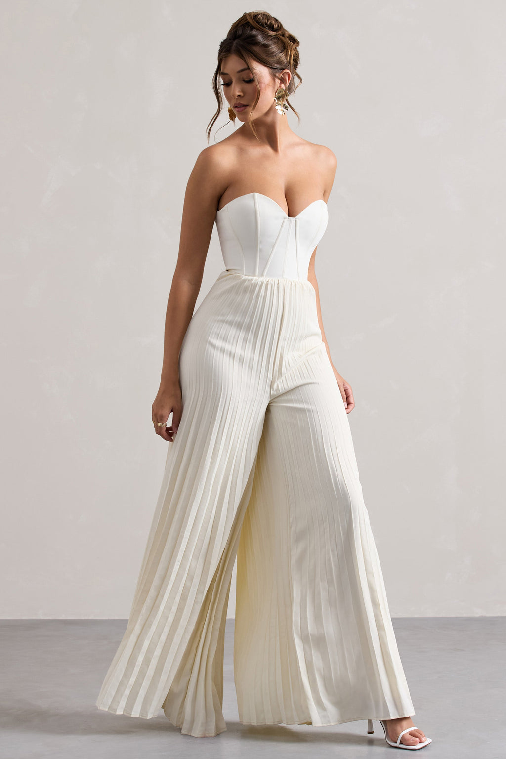Lorelai | Cream Corset Plisse Wide-Leg Jumpsuit