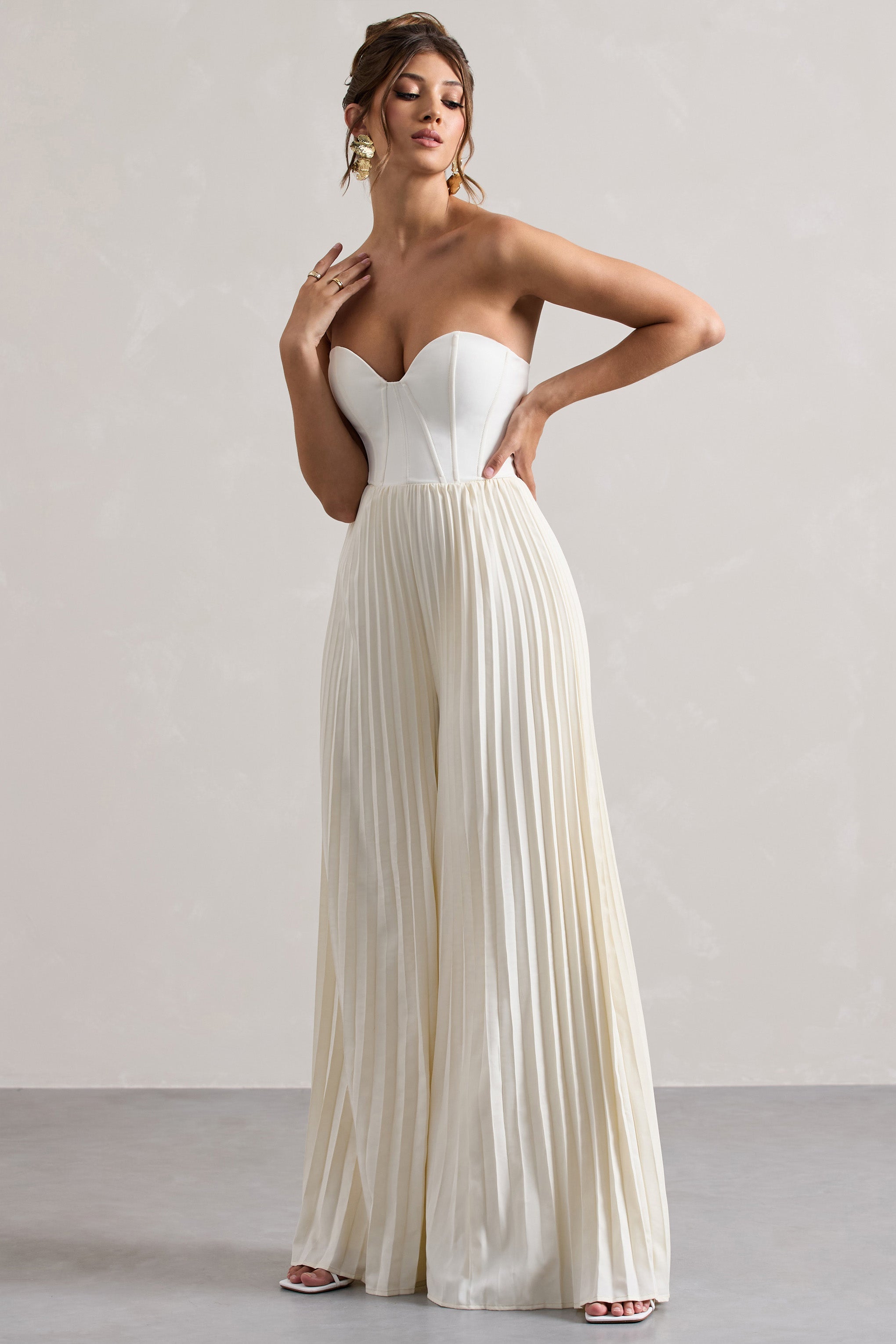 Lorelai | Cream Corset Plisse Wide-Leg Jumpsuit