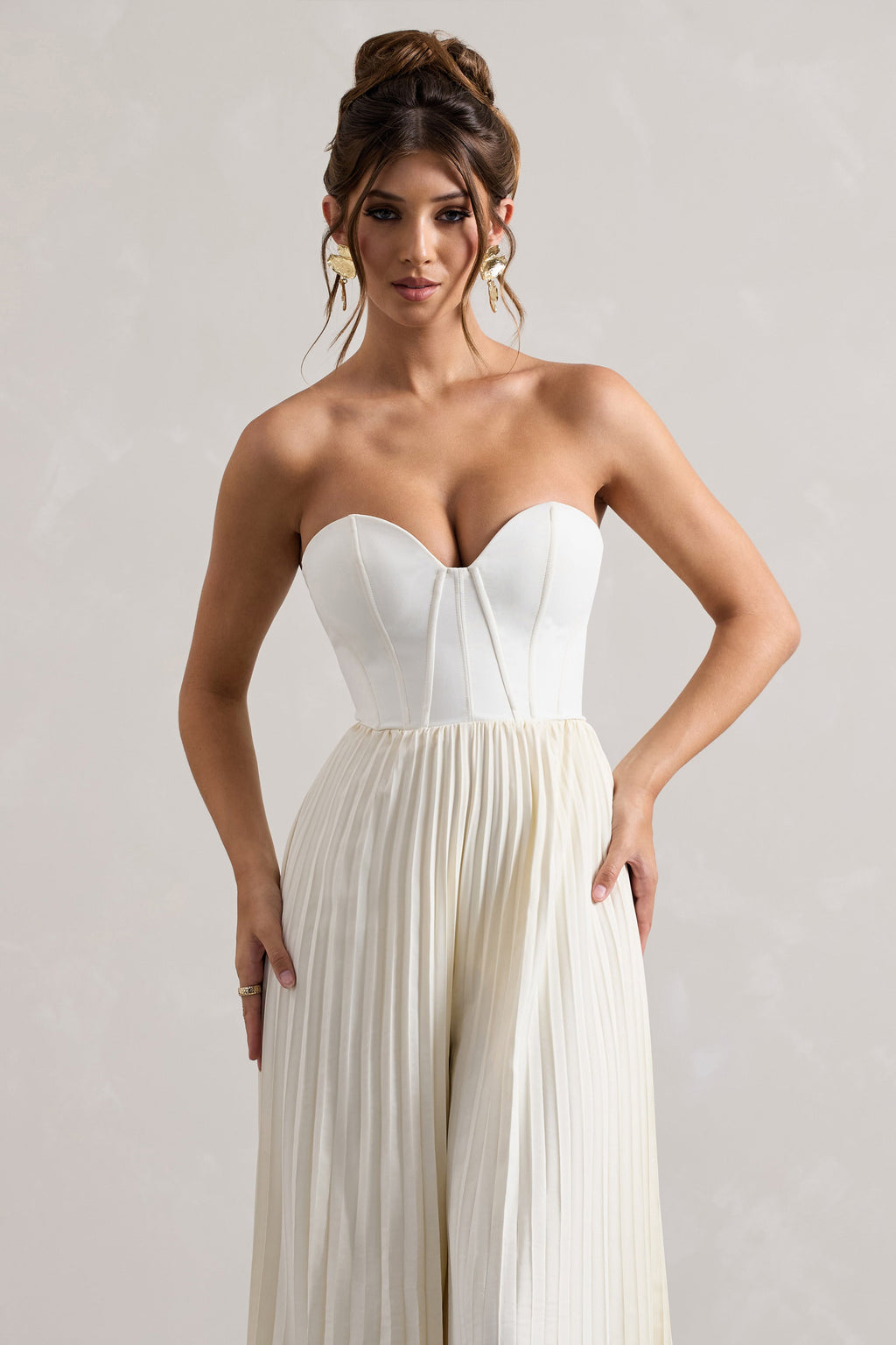 Lorelai | Cream Corset Plisse Wide-Leg Jumpsuit