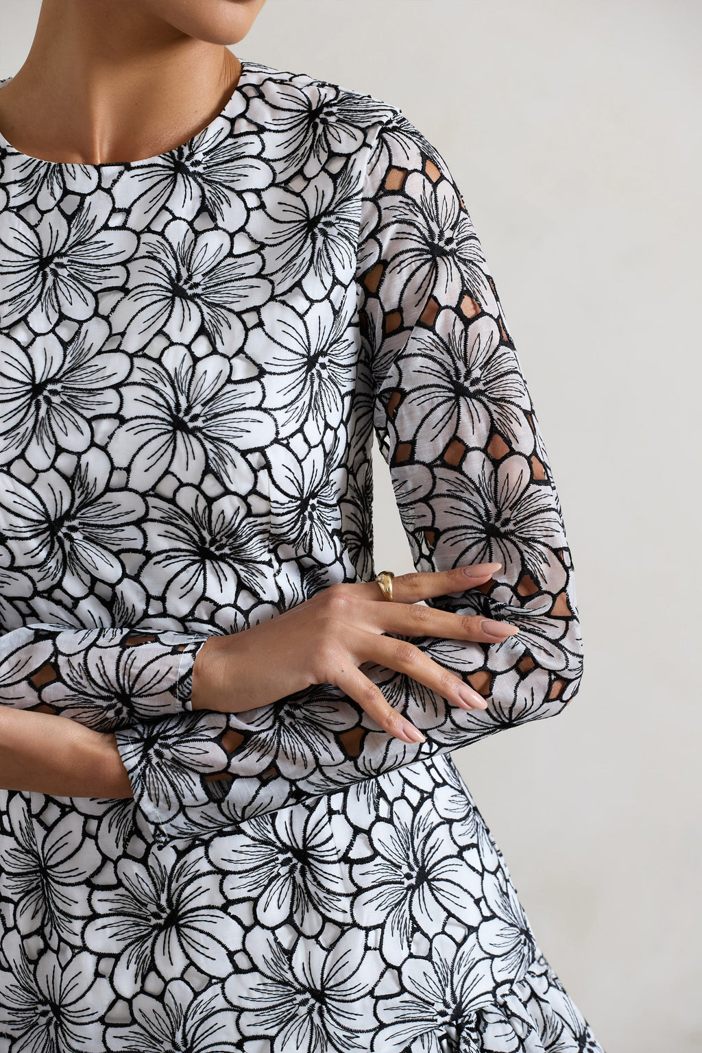 Claribel | Black & White Lace Long-Sleeve Mini Dress With Ruffle Hem