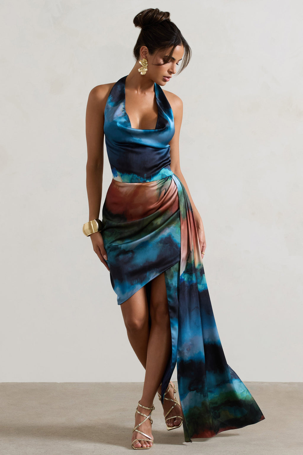 Bali | Blue Blur Print Satin Cowl-Neck Draped Midi Dress