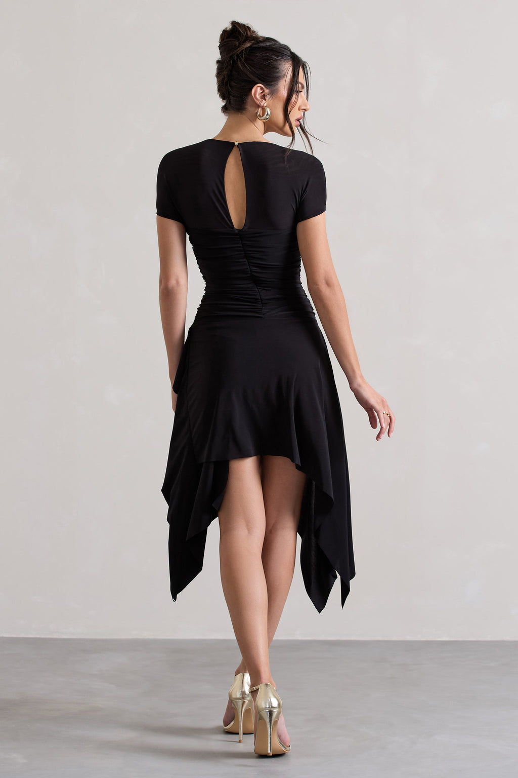 Corsica | Black Gathered Mesh Long-Sleeve Draped Mini Dress