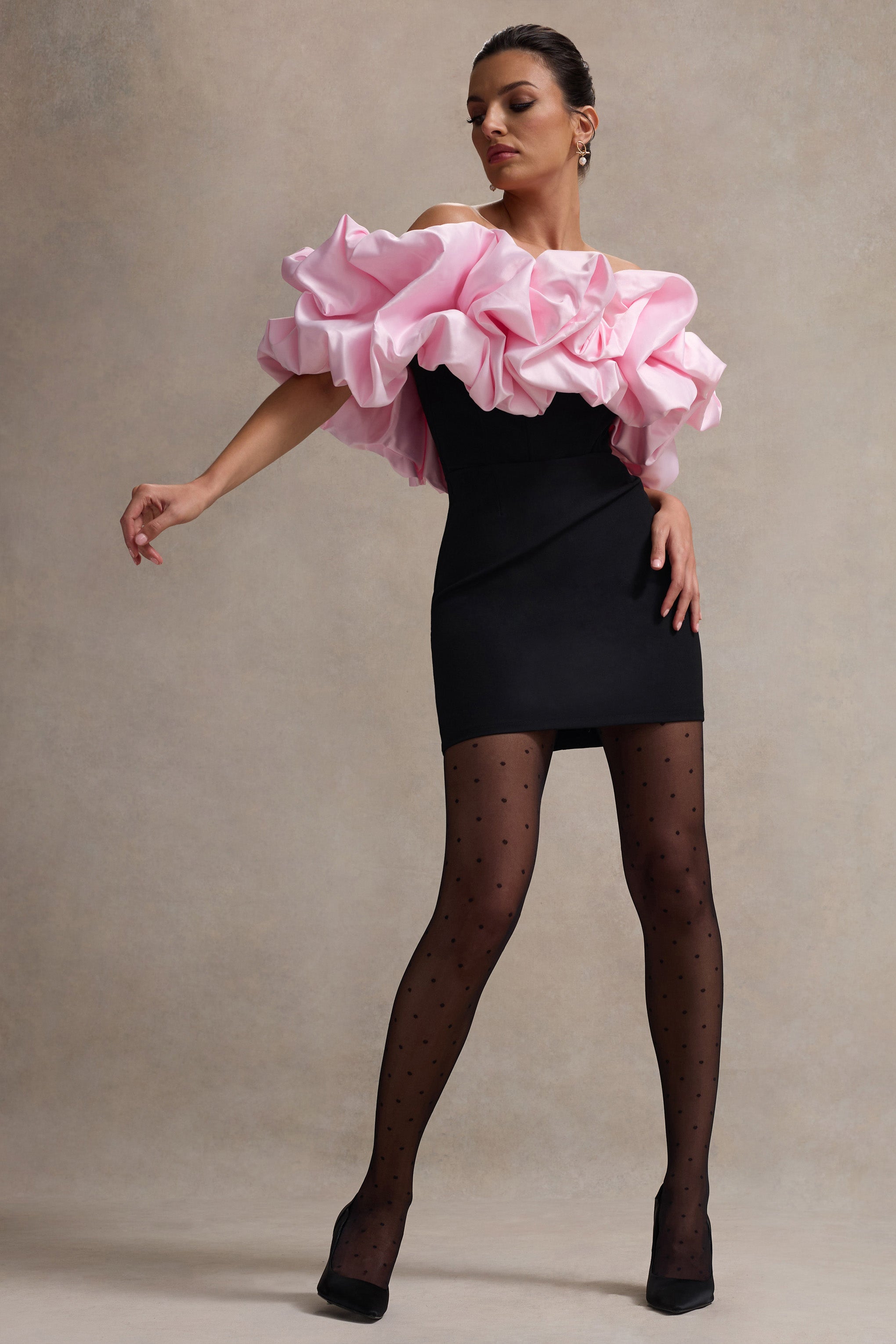 Macaron | Black Bardot Mini Dress With Pink Ruffle Trim