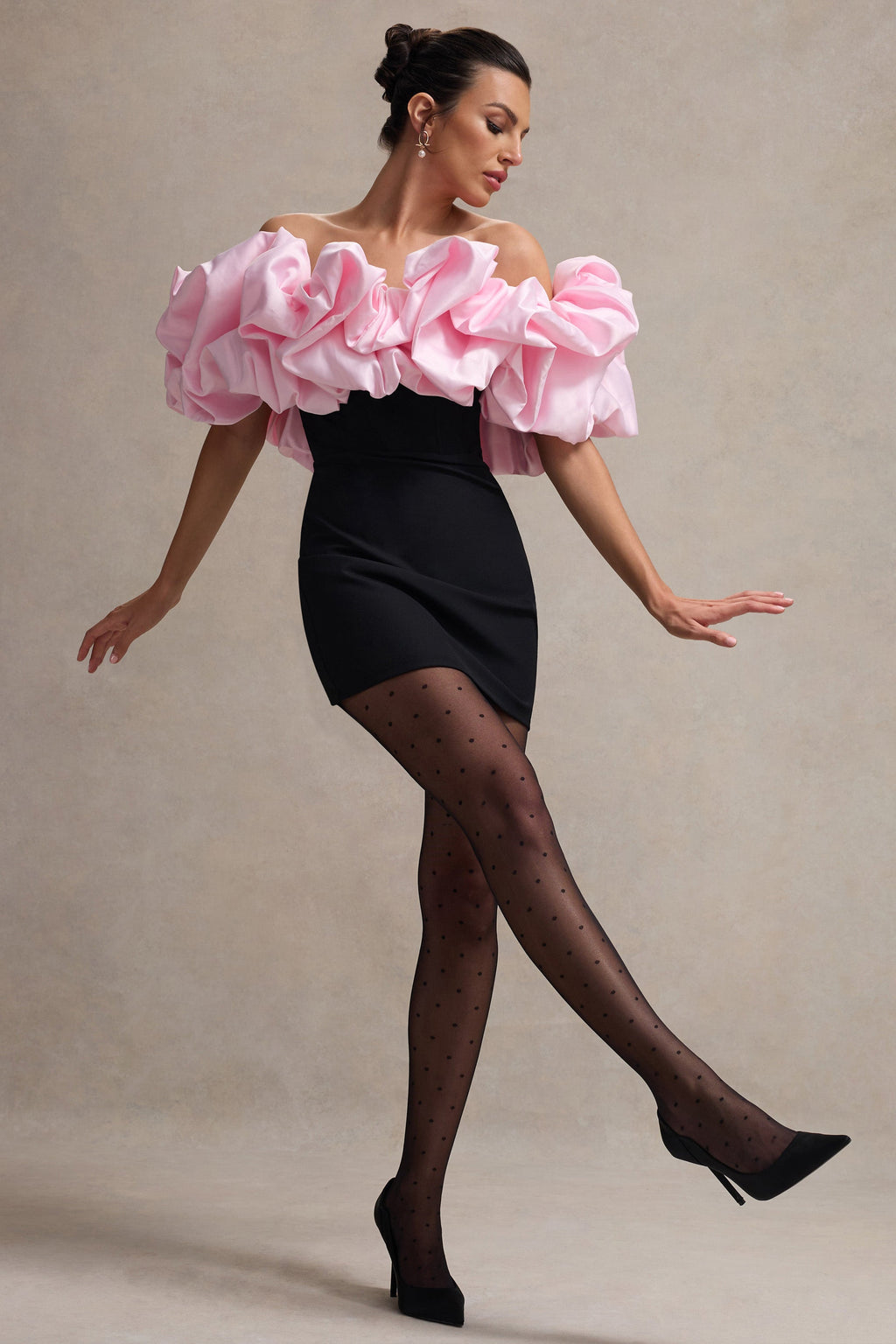 Macaron | Black Bardot Mini Dress With Pink Ruffle Trim