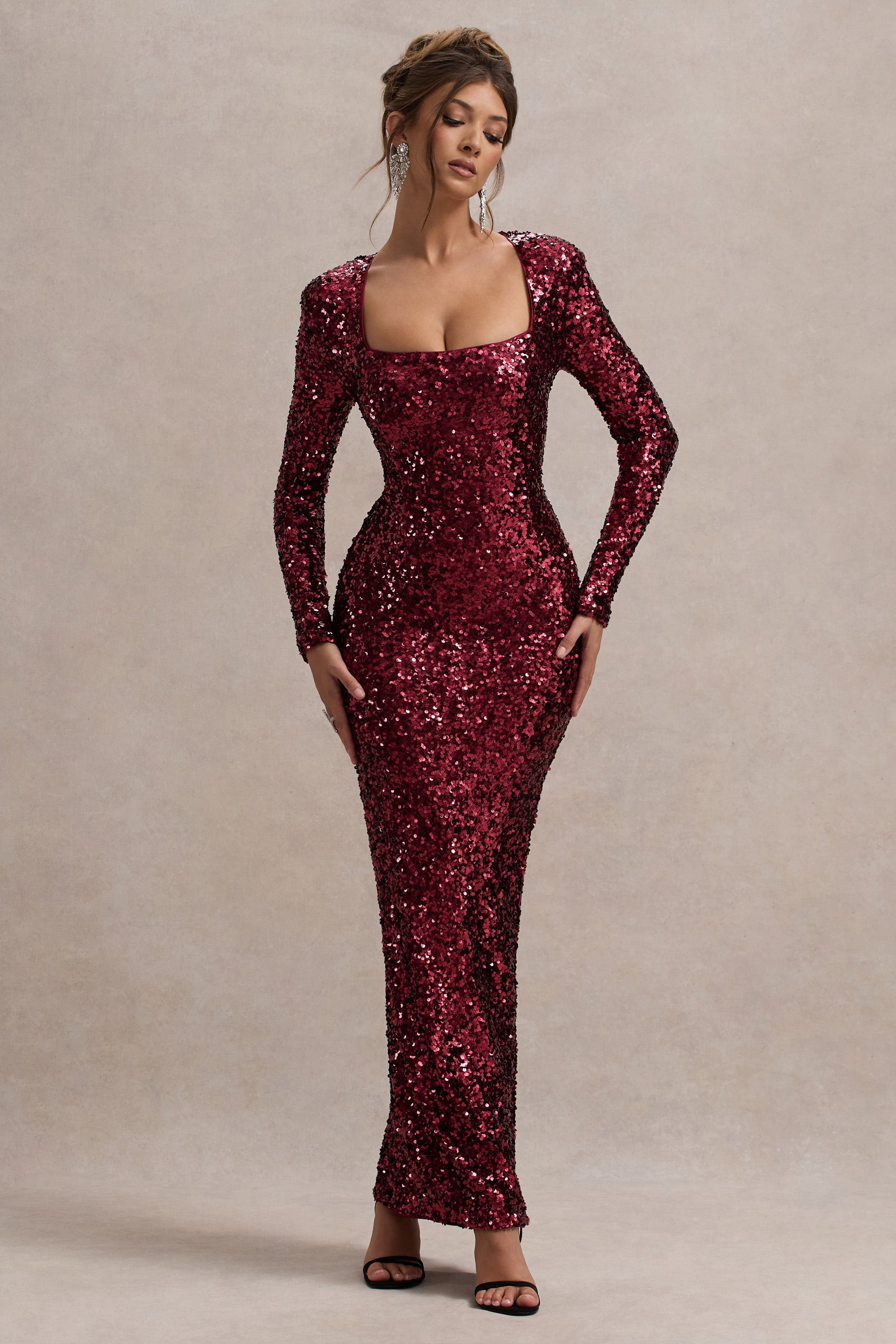 My Dream | Port Sequin Square-Neck Long-Sleeve Maxi Dress