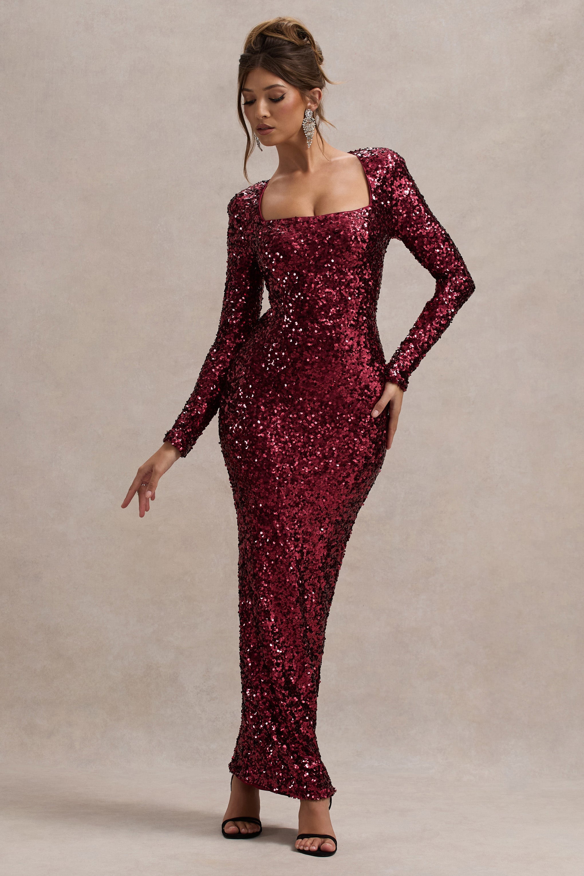 My Dream | Port Sequin Square-Neck Long-Sleeve Maxi Dress