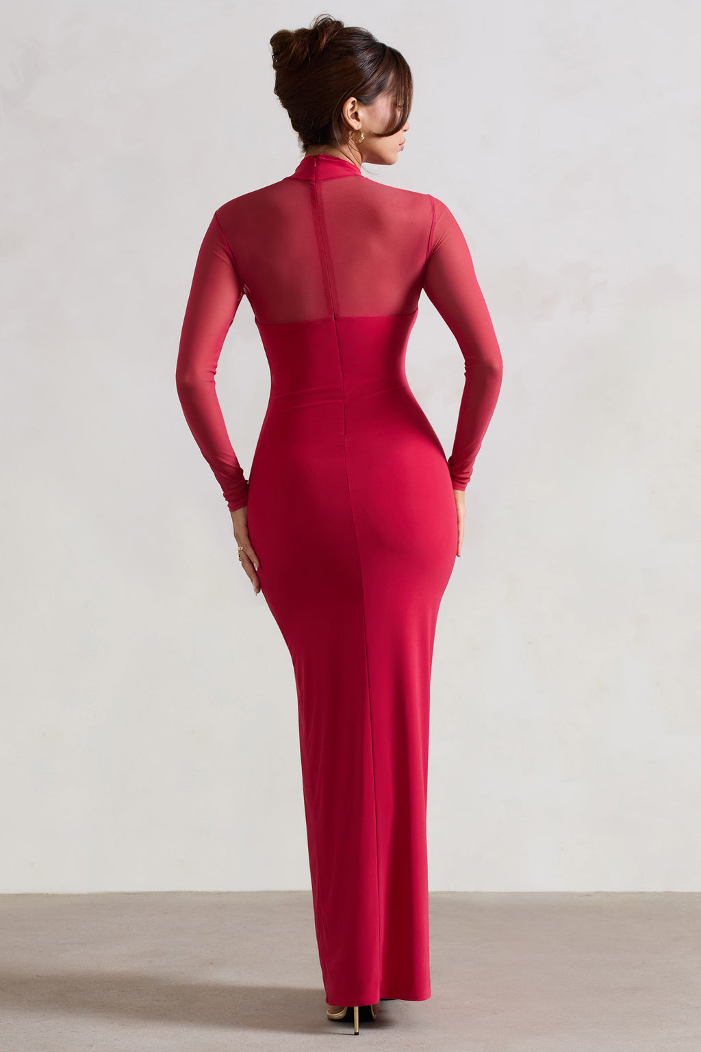 Enchantress | Red High-Neck Split Maxi Dress With Mesh Sleeves