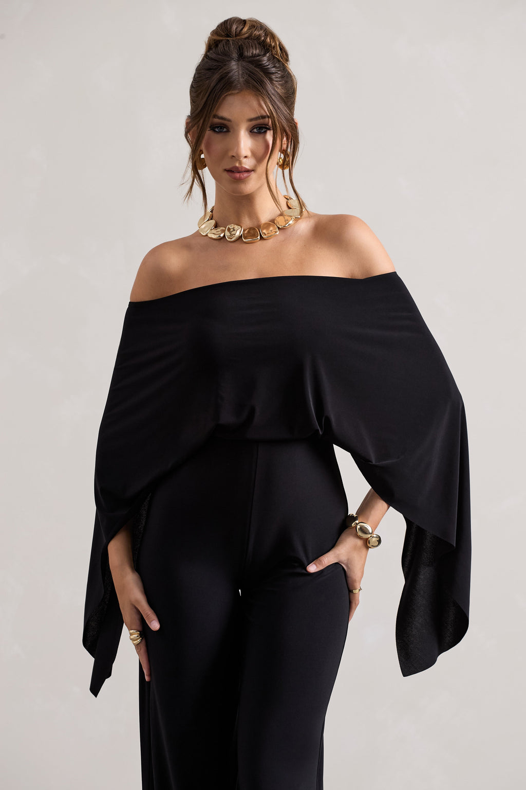 Kori | Black Bardot Wide-Leg Jumpsuit With Cape