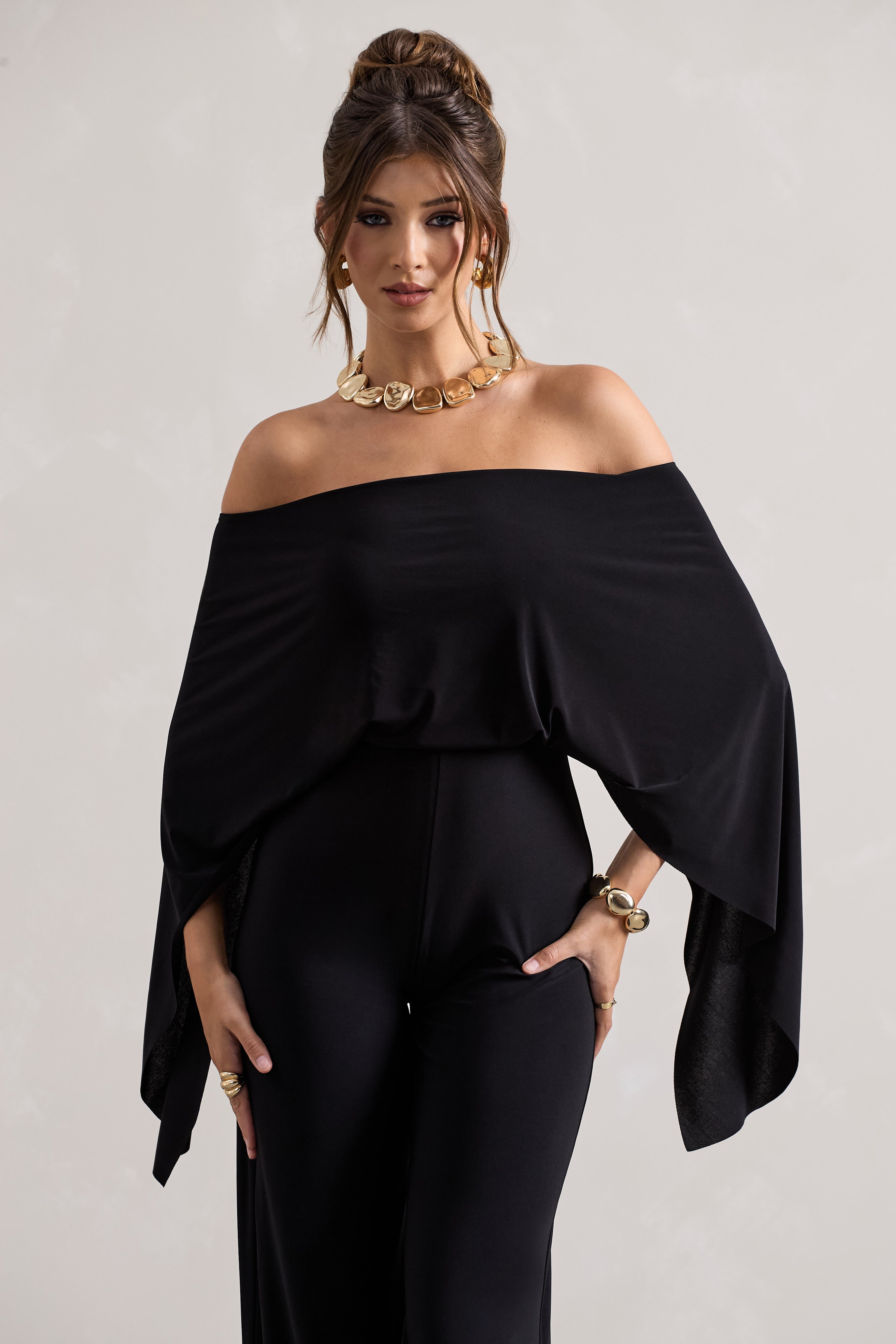 Kori | Black Bardot Wide-Leg Jumpsuit With Cape