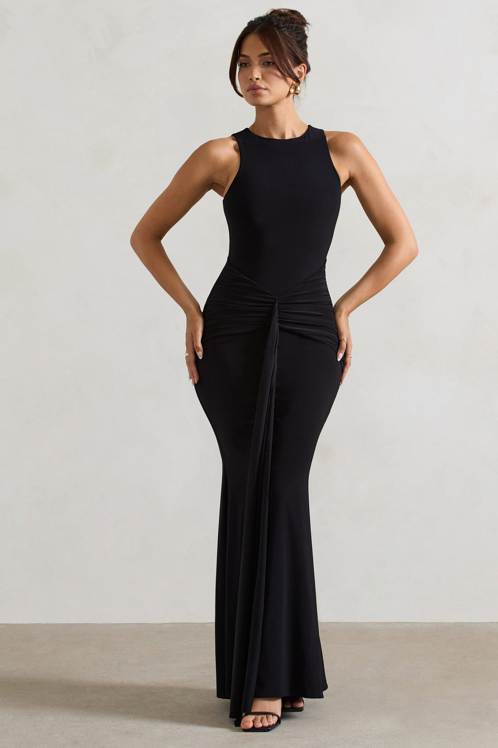 Maren | Black Racer-Neck Gathered Maxi Dress With Drape
