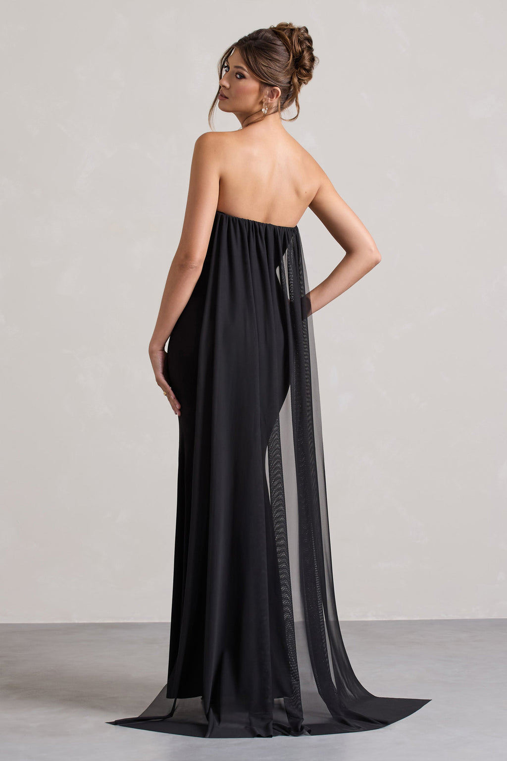More To Come | Black Strapless Wrap Cape Maxi Dress With Corsage