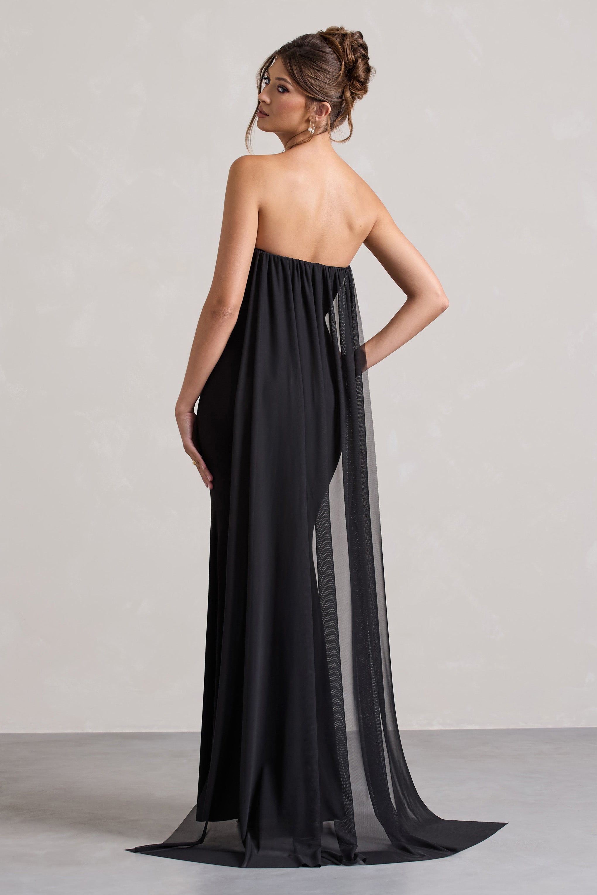 More To Come | Black Strapless Wrap Cape Maxi Dress With Corsage