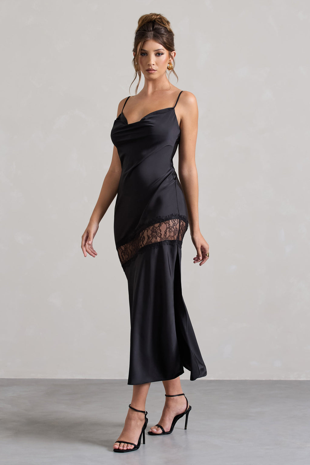 Matera | Black Satin Cowl-Neck Lace Trim Maxi Dress