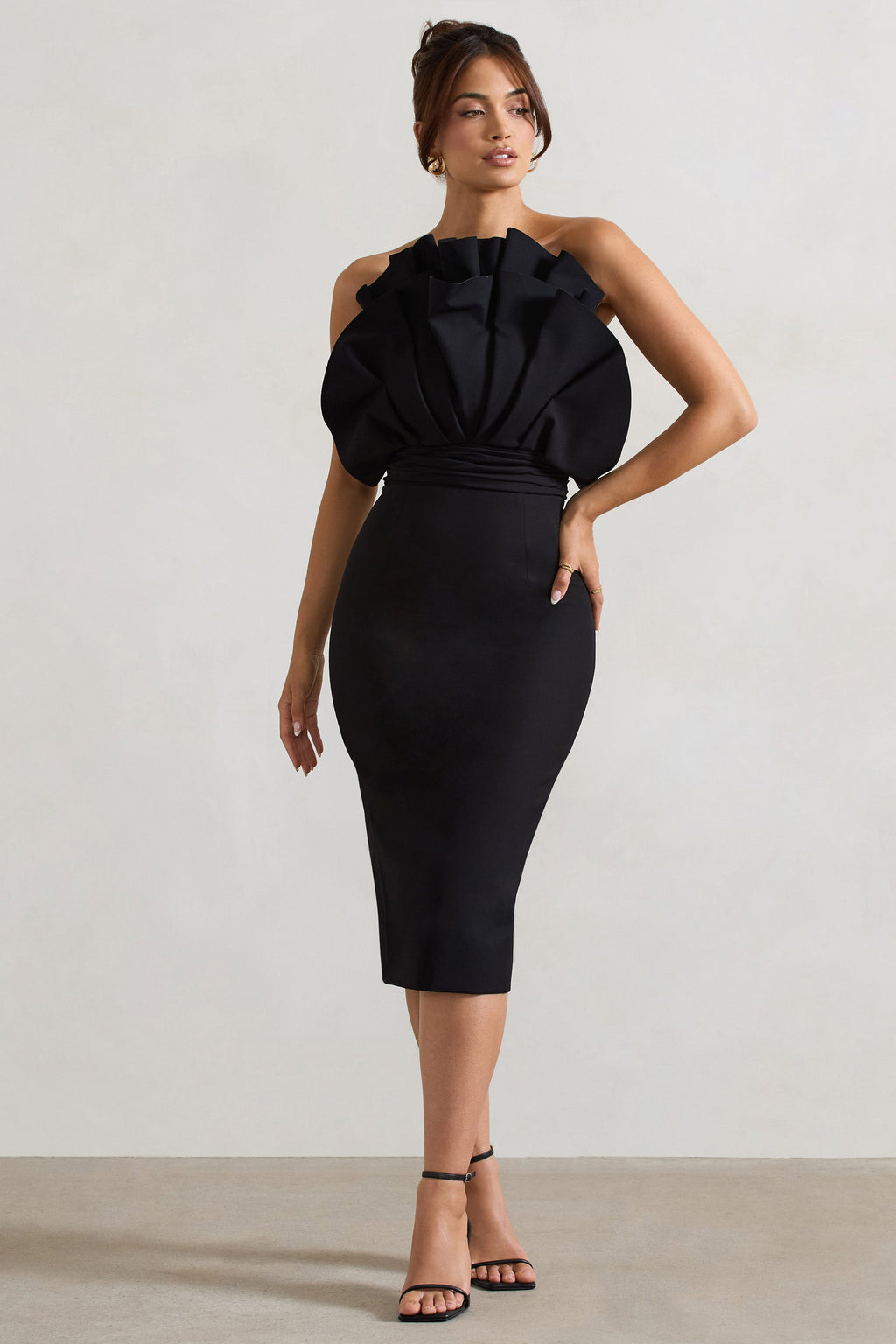 Oria | Black Ruffled Strapless Midi Dress