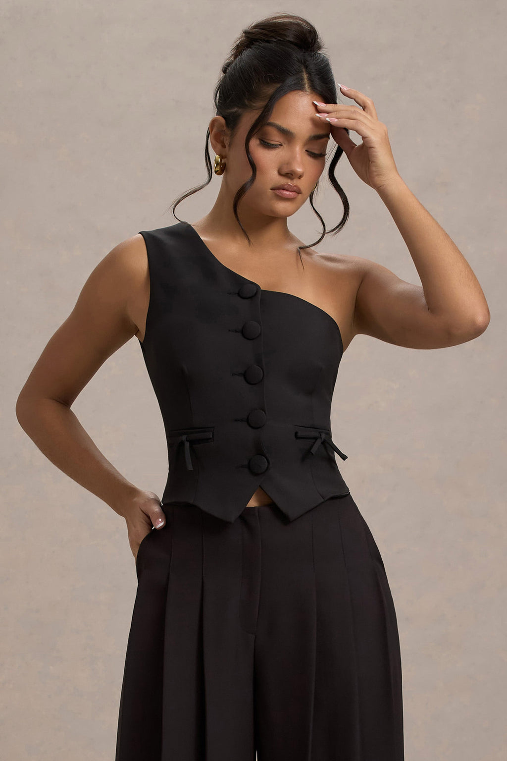 Lelia | Black One Shoulder Tailored Top With Bows