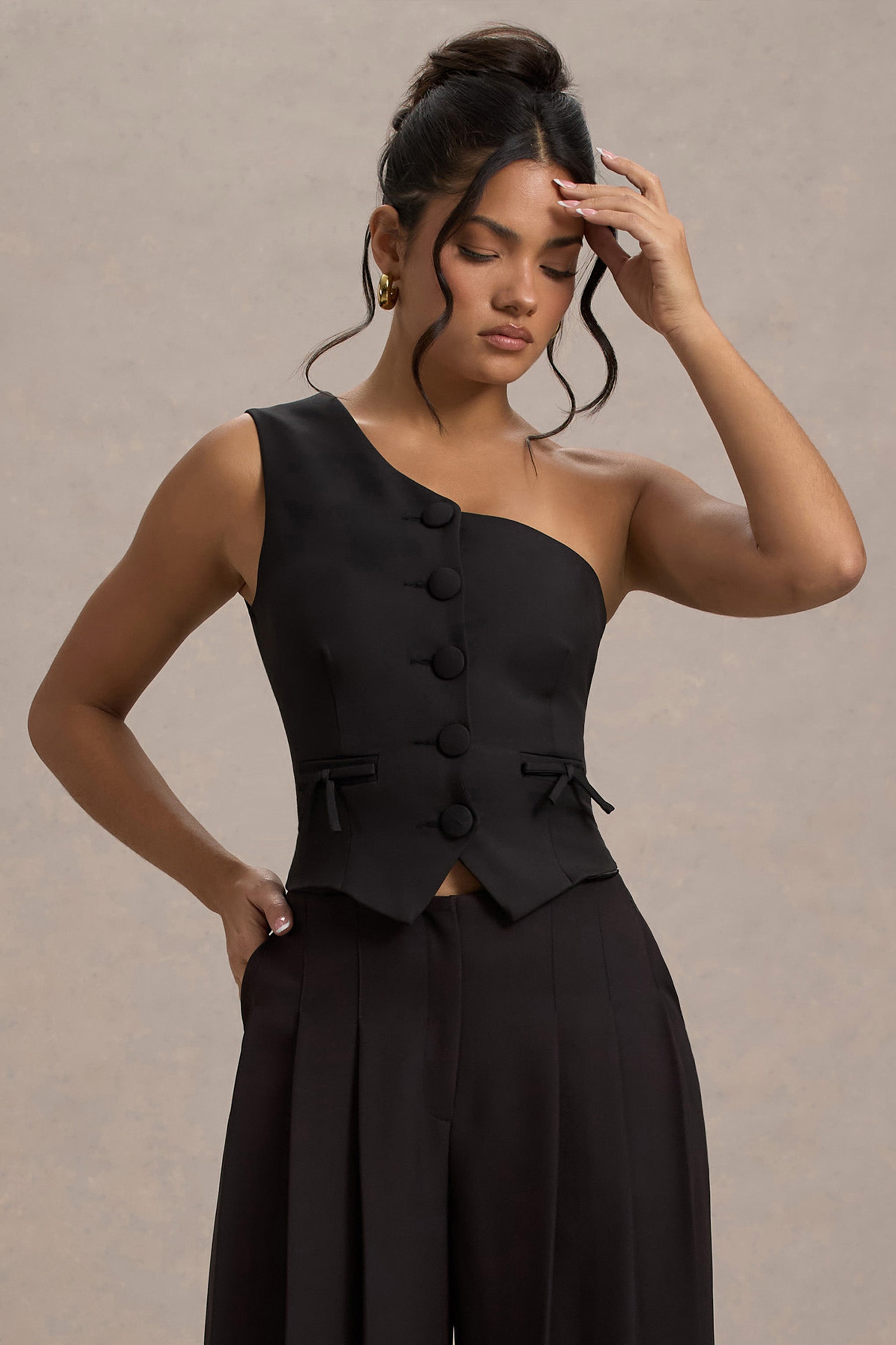 Lelia | Black One Shoulder Tailored Top With Bows