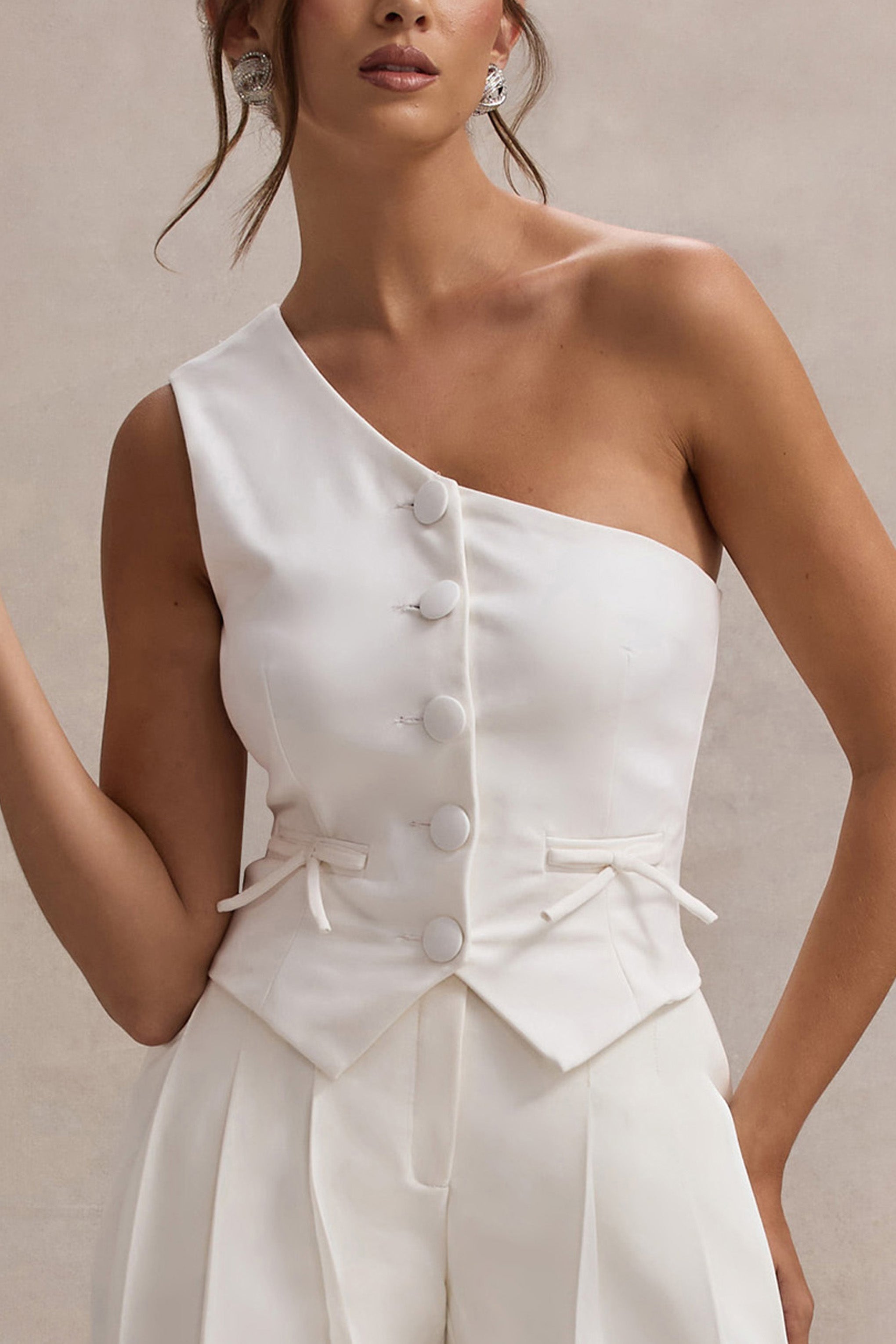 Lelia | Cream One Shoulder Tailored Top With Bows