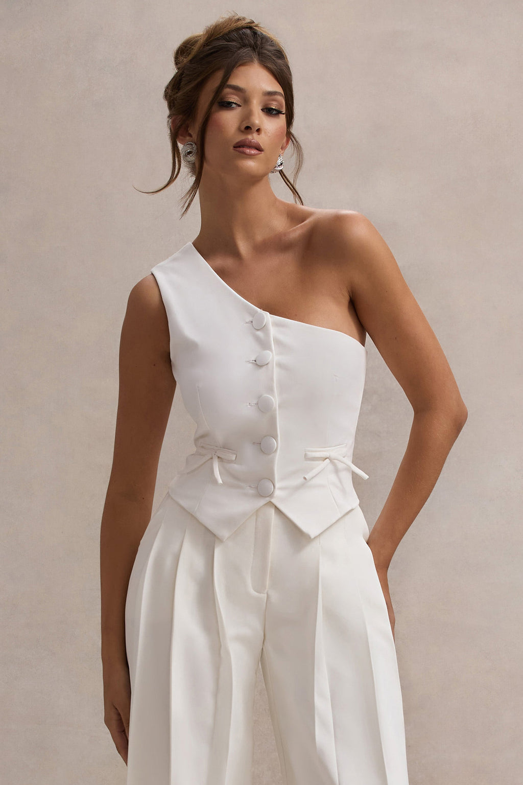 Lelia | Cream One Shoulder Tailored Top With Bows