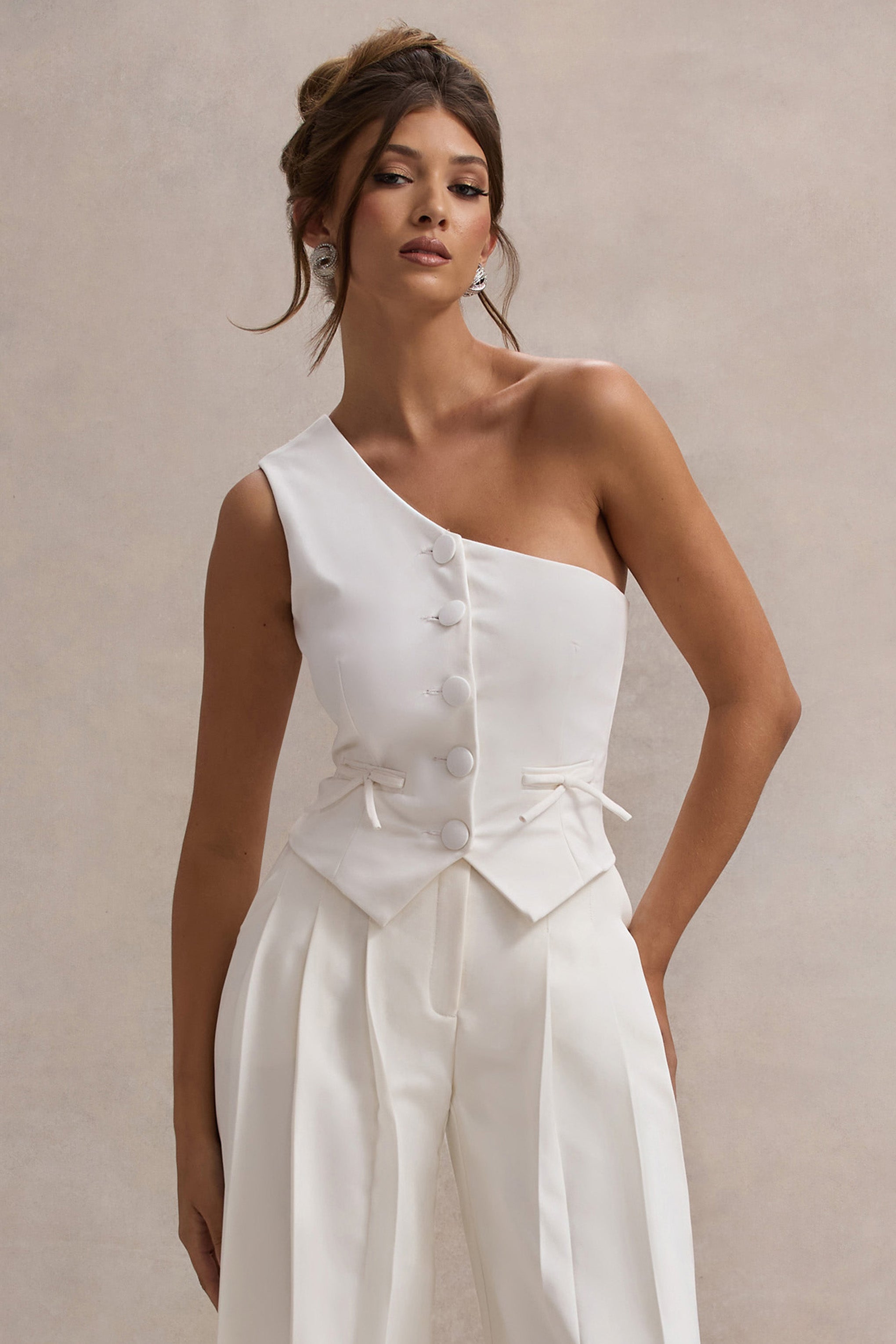 Lelia | Cream One Shoulder Tailored Top With Bows