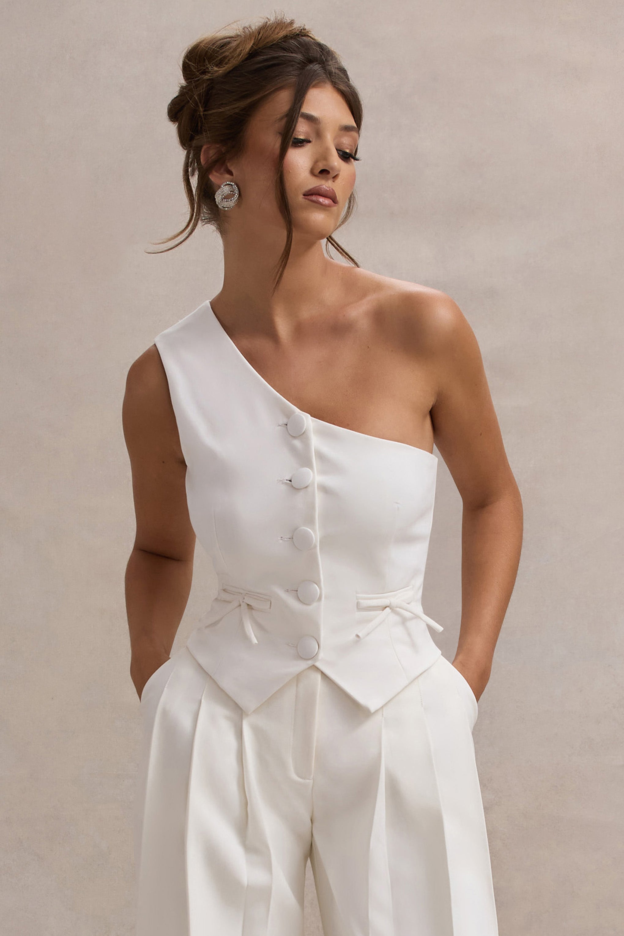 Lelia | Cream One Shoulder Tailored Top With Bows