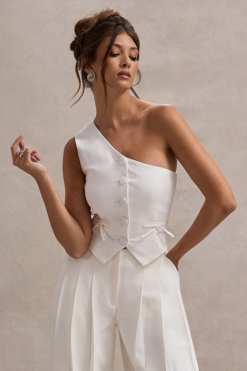 Lelia | Cream One Shoulder Tailored Top With Bows
