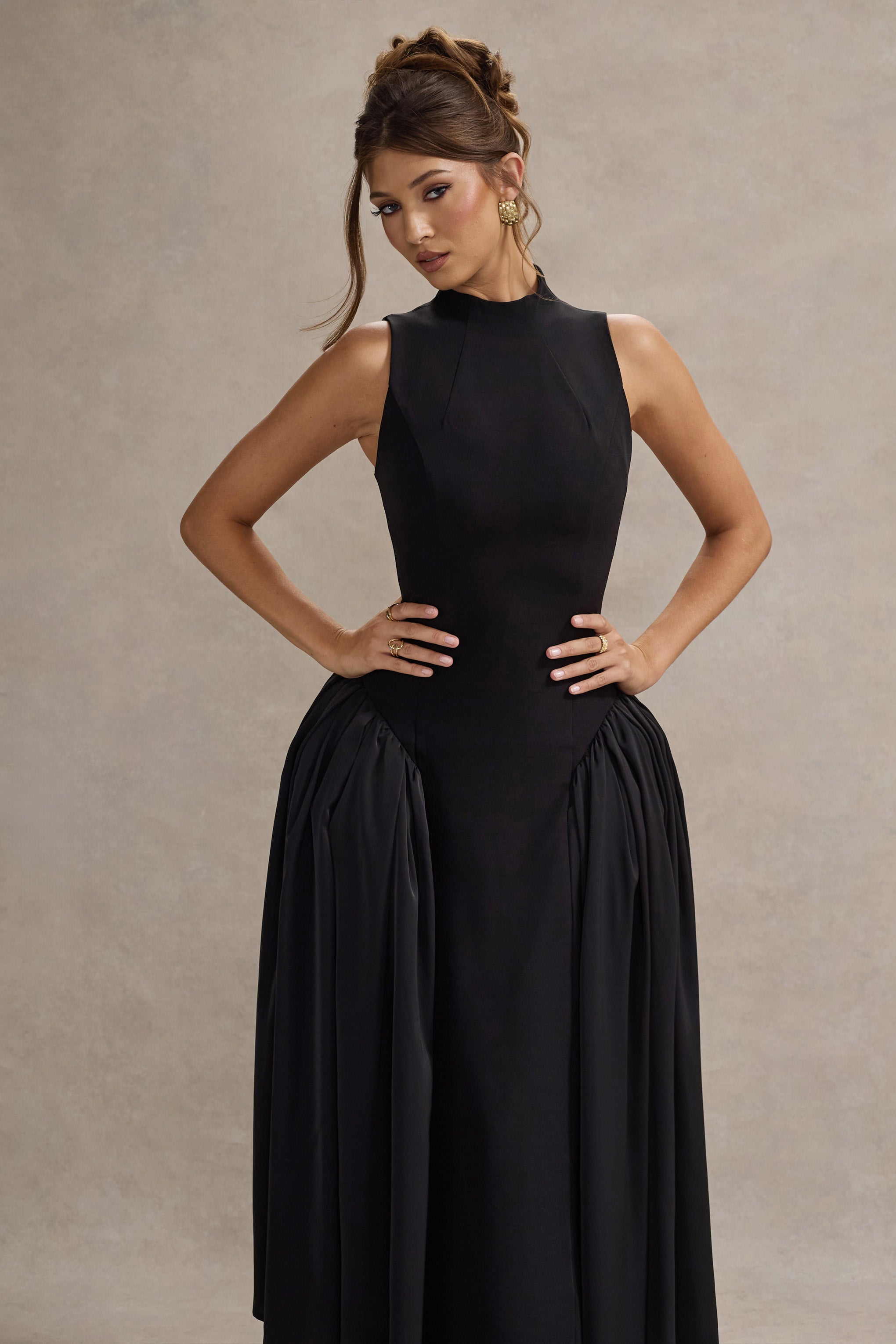Napoli | Black High-Neck Volume-Skirt Midi Dress