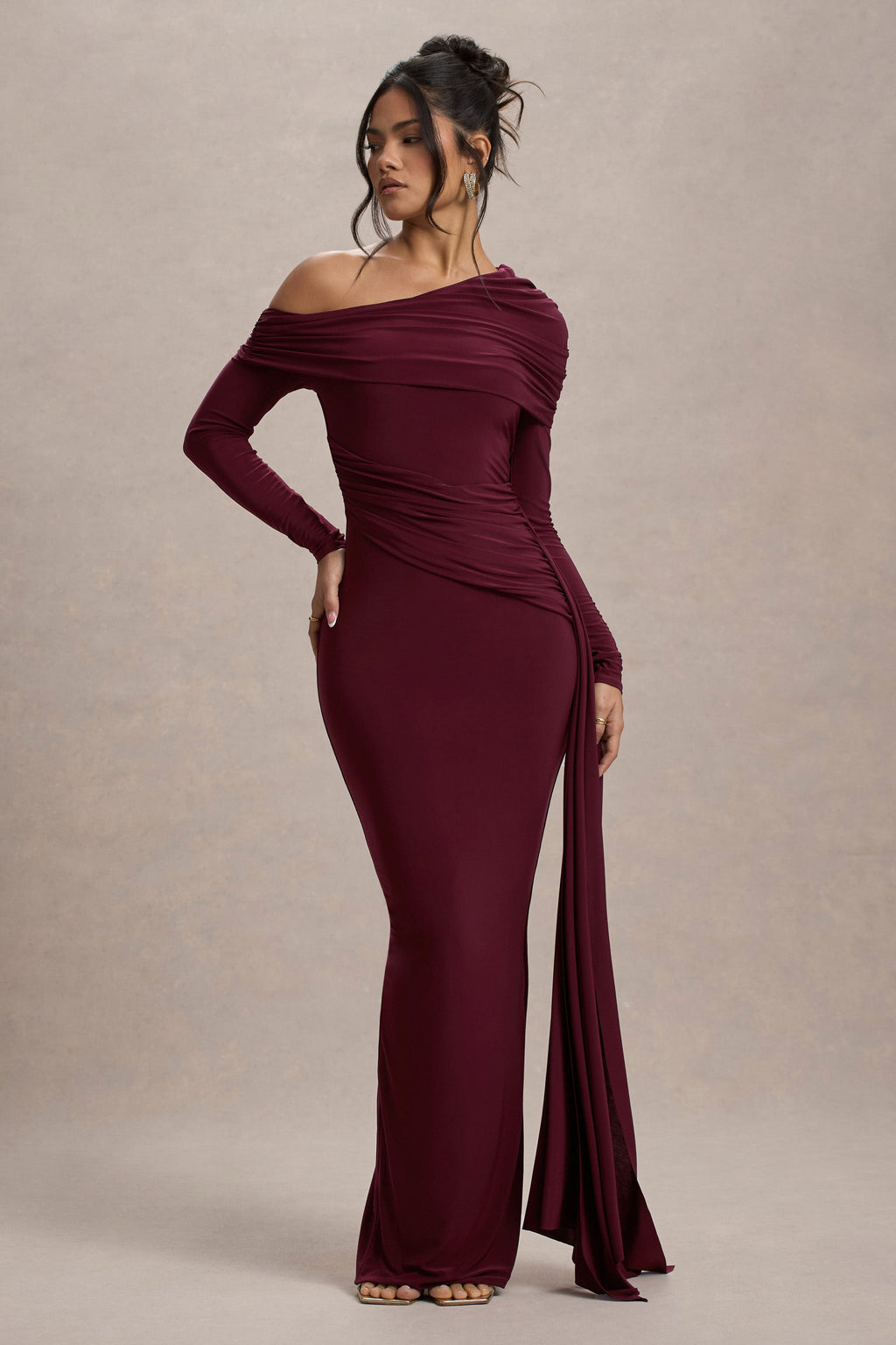Valina | Burgundy Ruched Asymmetric Maxi Dress With Drape