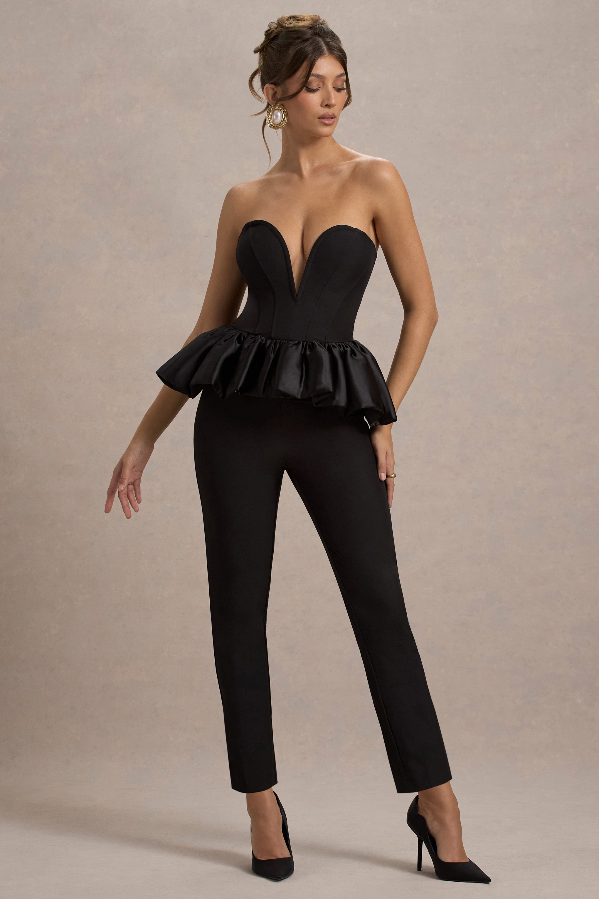 Idaho | Black Sweetheart Corset Jumpsuit With Satin Peplum
