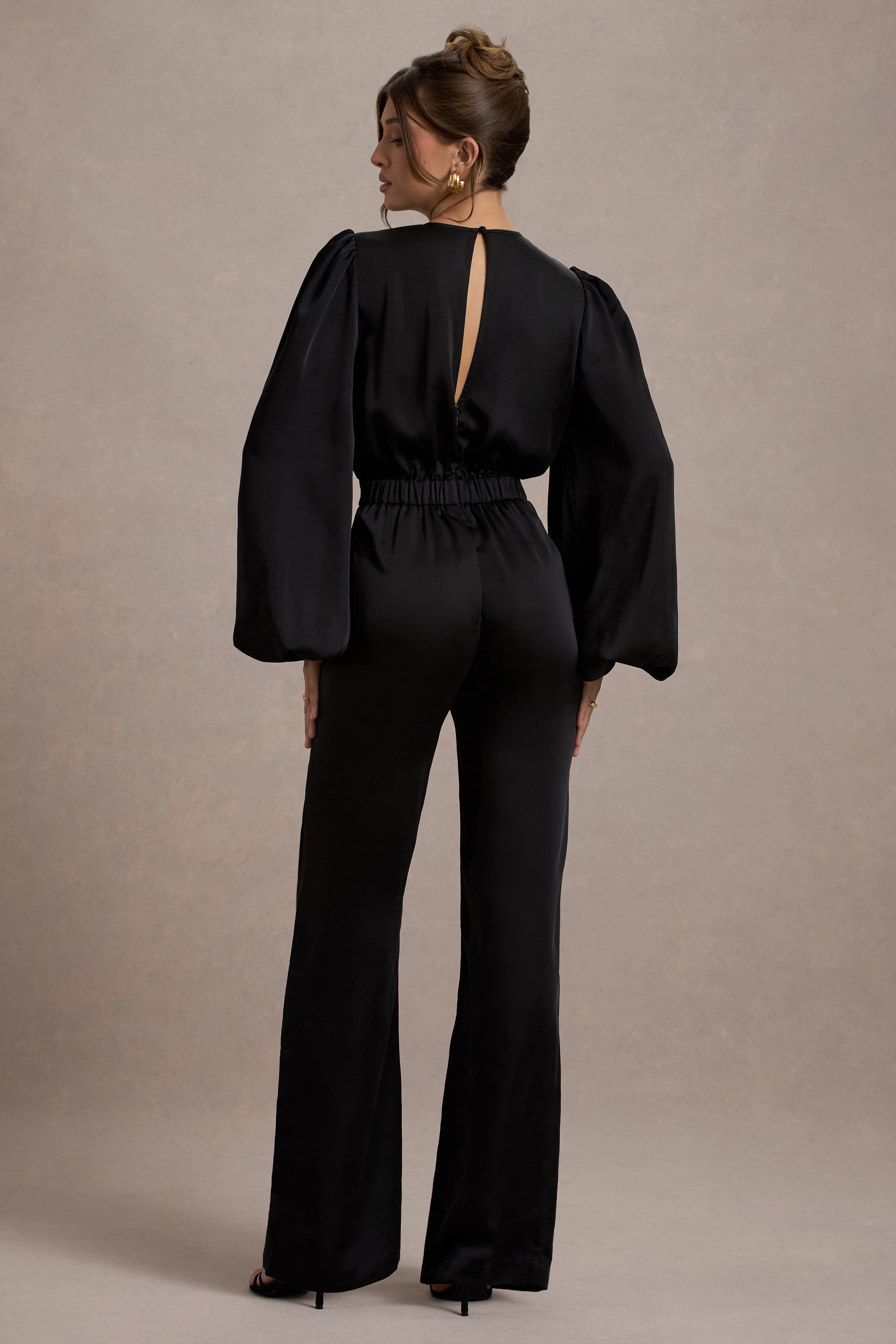 Suzanna | Black Satin Puff-Sleeve Wide-Leg Jumpsuit
