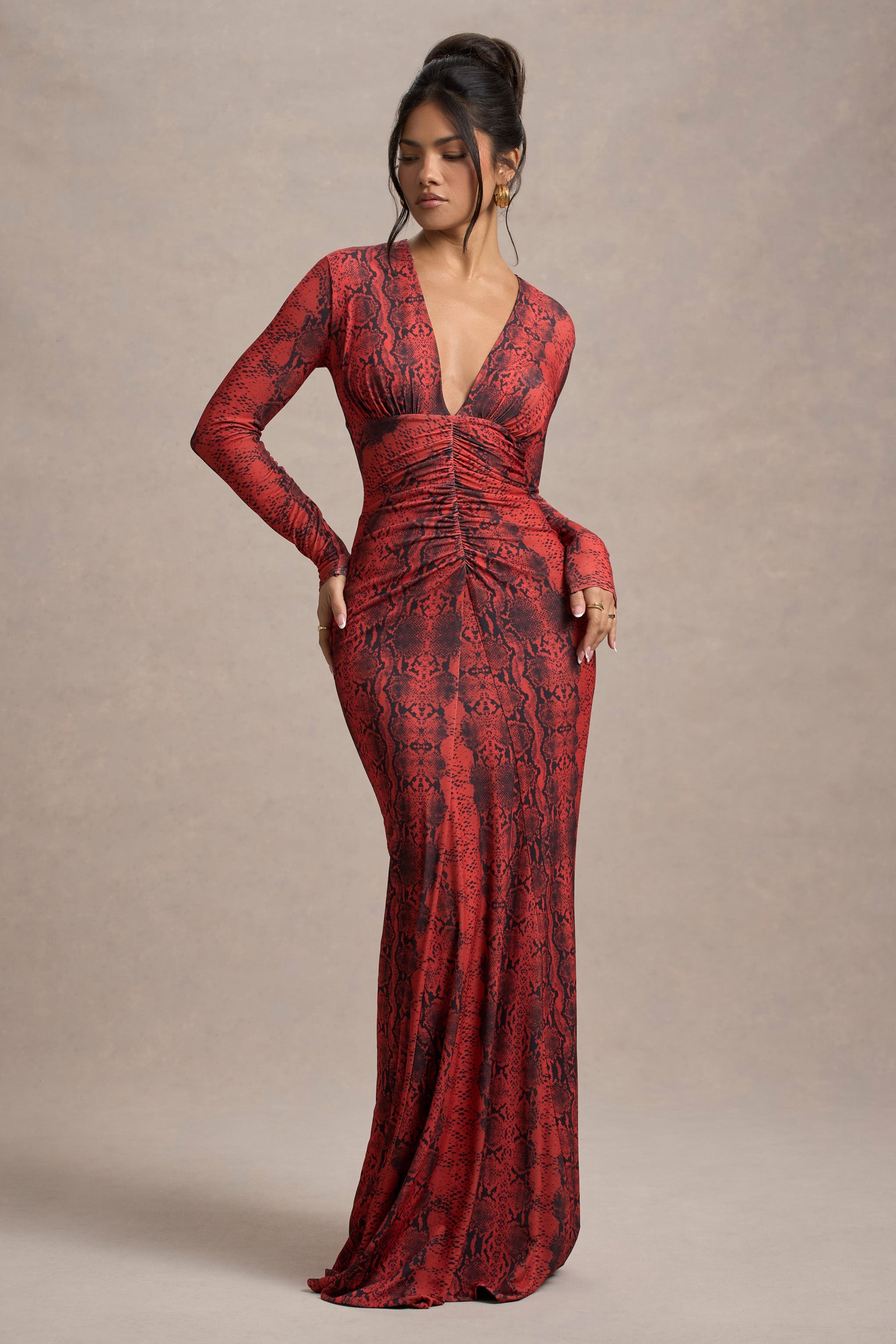 Mamba | Red Snake Print Plunge-Neck Long-Sleeve Maxi Dress