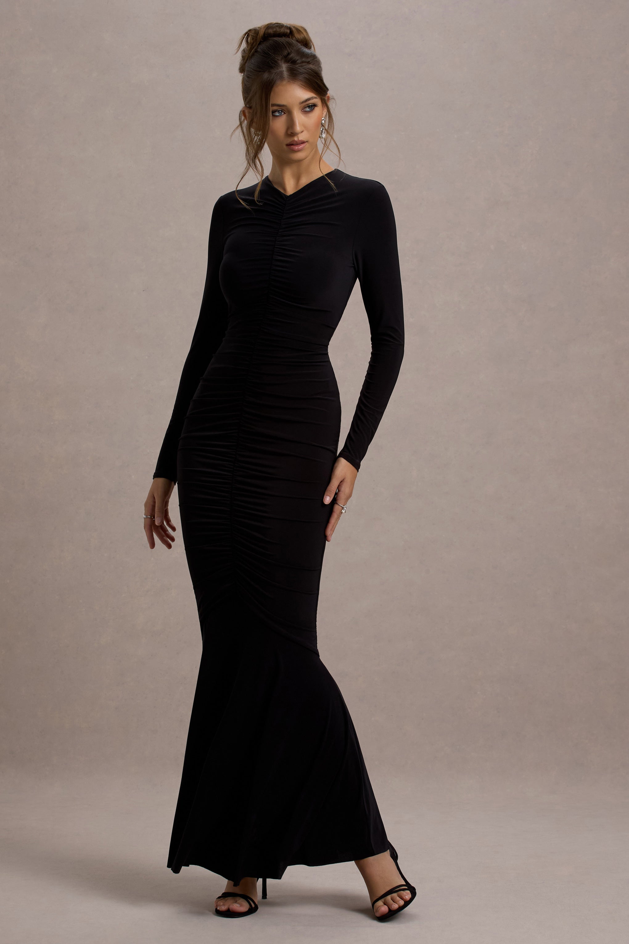 Kalilah | Black Long-Sleeve Ruched Maxi Dress