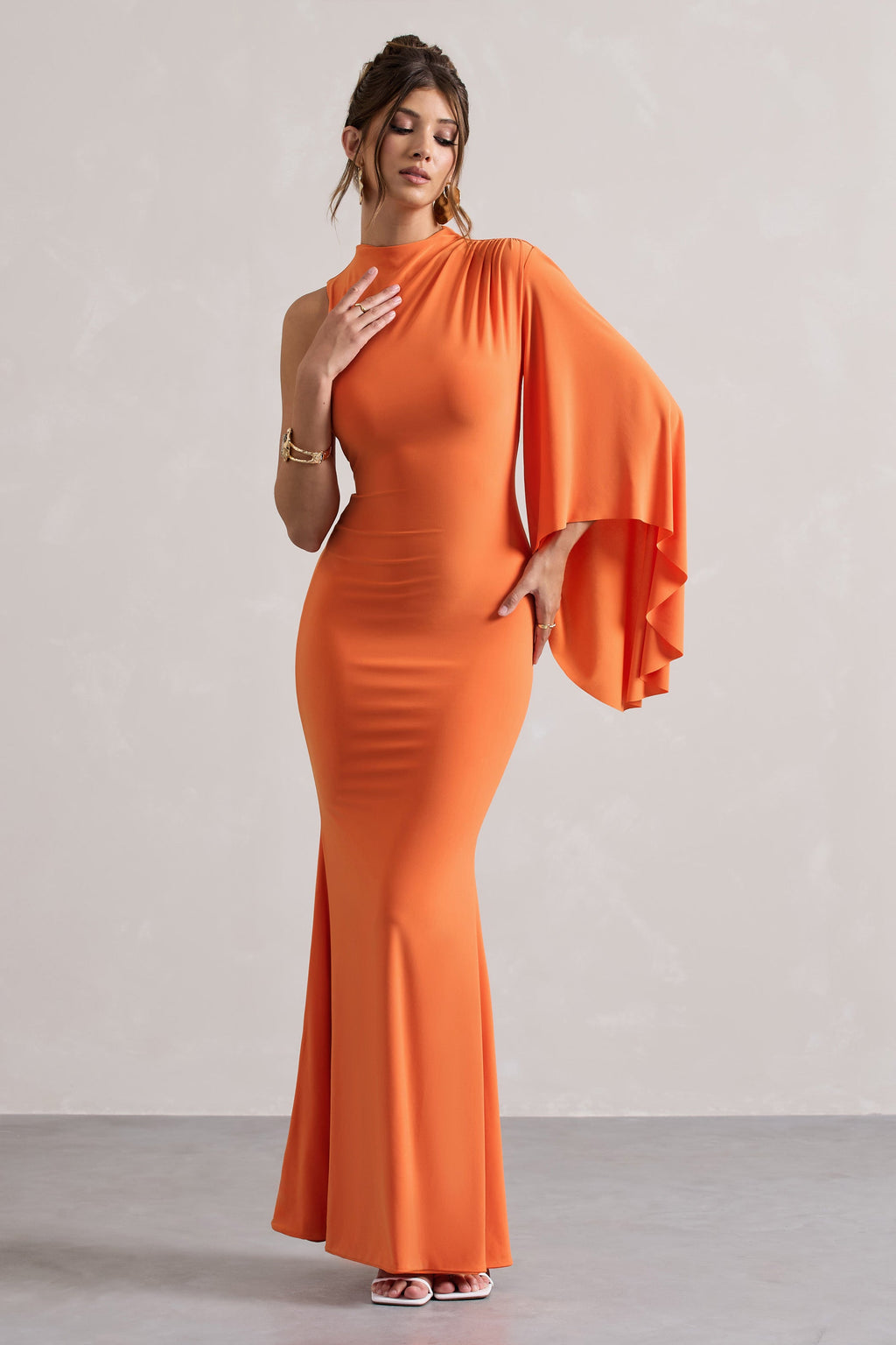 Samaya | Orange High-Neck Cape-Sleeve Maxi Dress